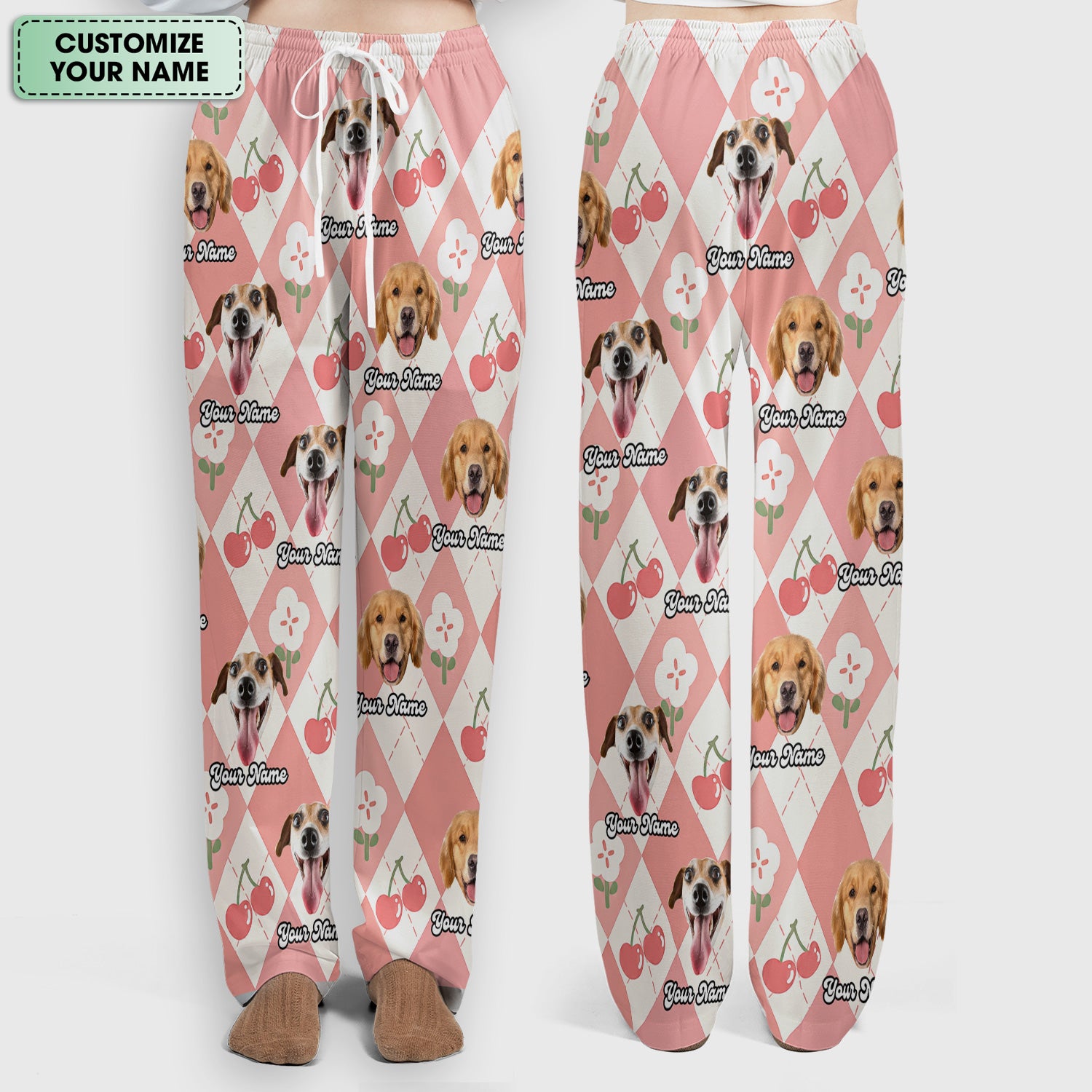 Custom Dog Face Scrub Set, Playful Dog Cherry Argyle Pattern Shirt, Breathable Fabrics Nursing Uniform