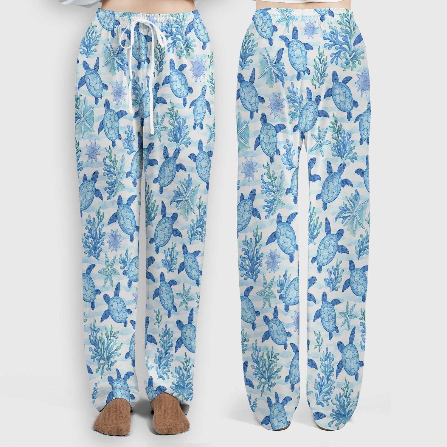 Cute Coastal Sea Turtle Coral Pattern Scrub Set, Scrub Pants and V Neck Top