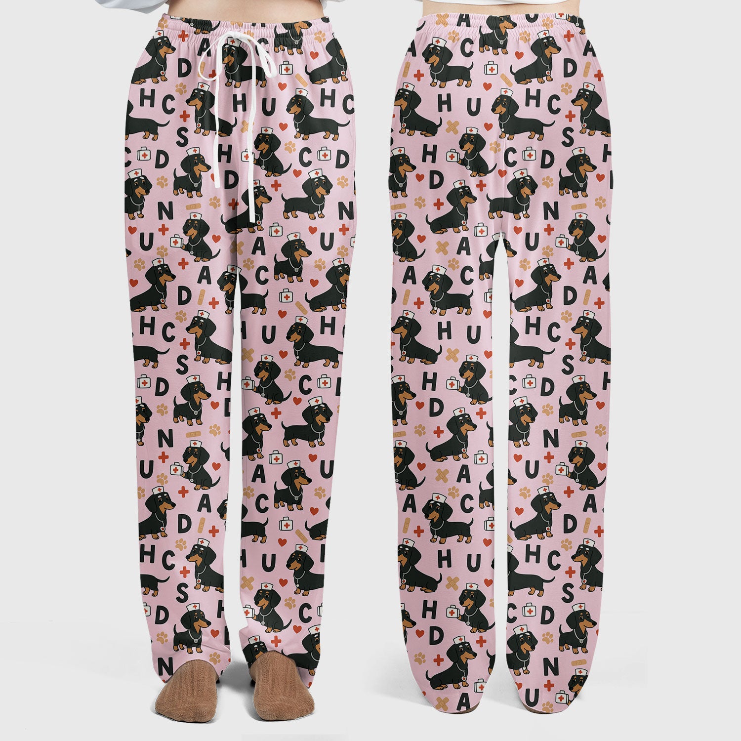 Dachshund Nurse Scrub Set for Women - Cute Sausage Dog Pattern Scrubs Top and Pants - Funny Animal Print Gift for RN LPN CNA