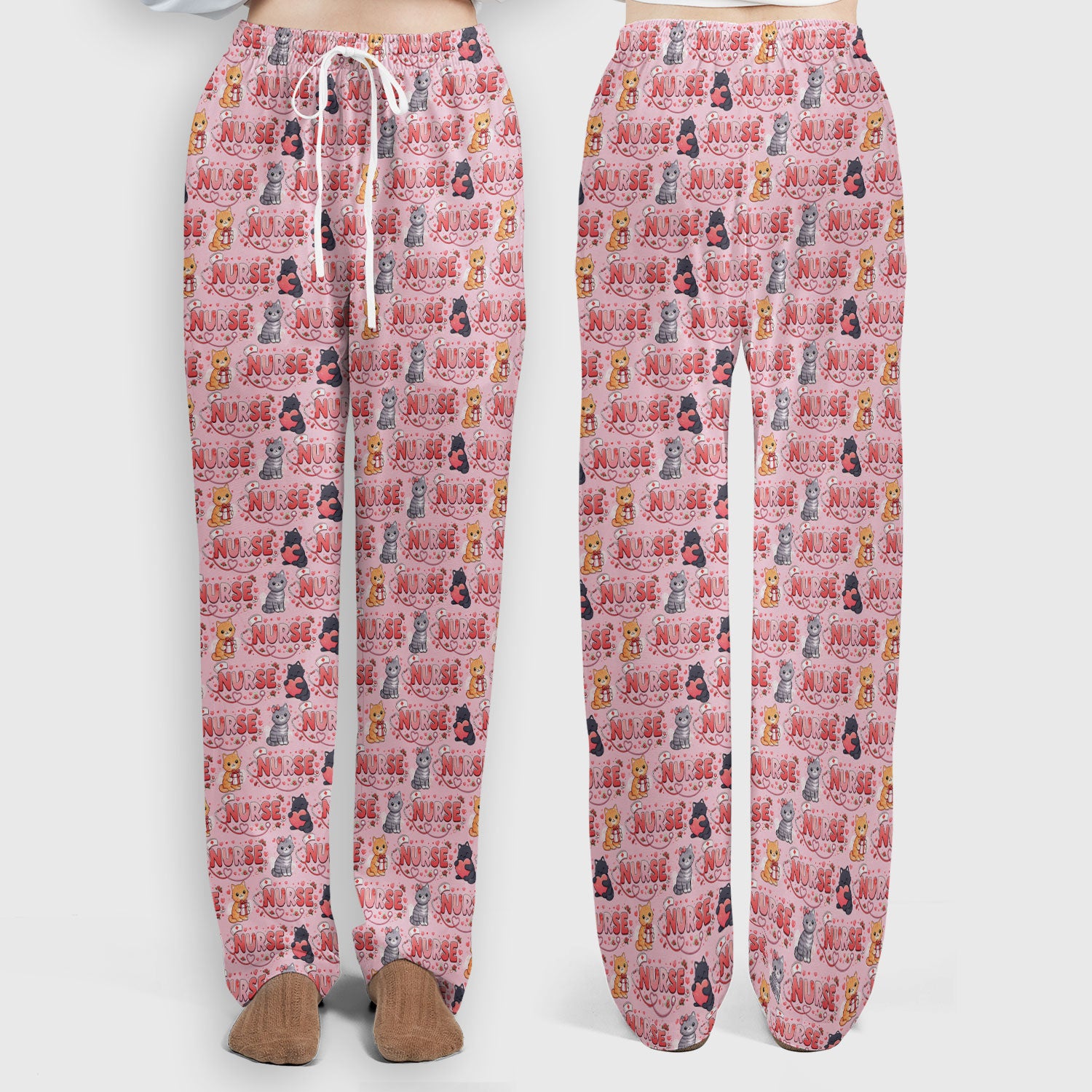 Nurse Cat Heart Pattern Valentine Scrub Set, Women's Scrub Sets V Neck Top