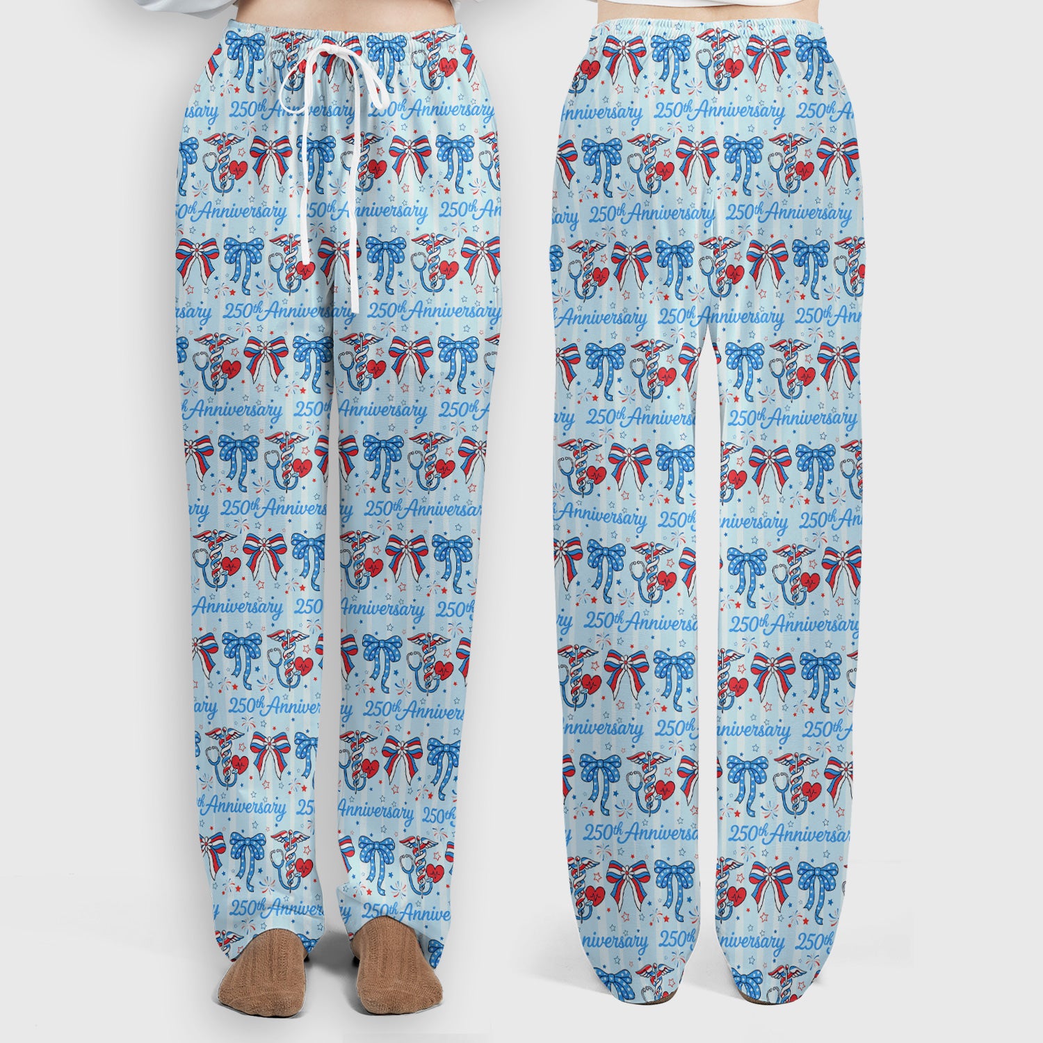 Festive 250th Anniversary Nurse Ribbon Heart Pattern Scrub Set, Scrub Pants and V Neck Top