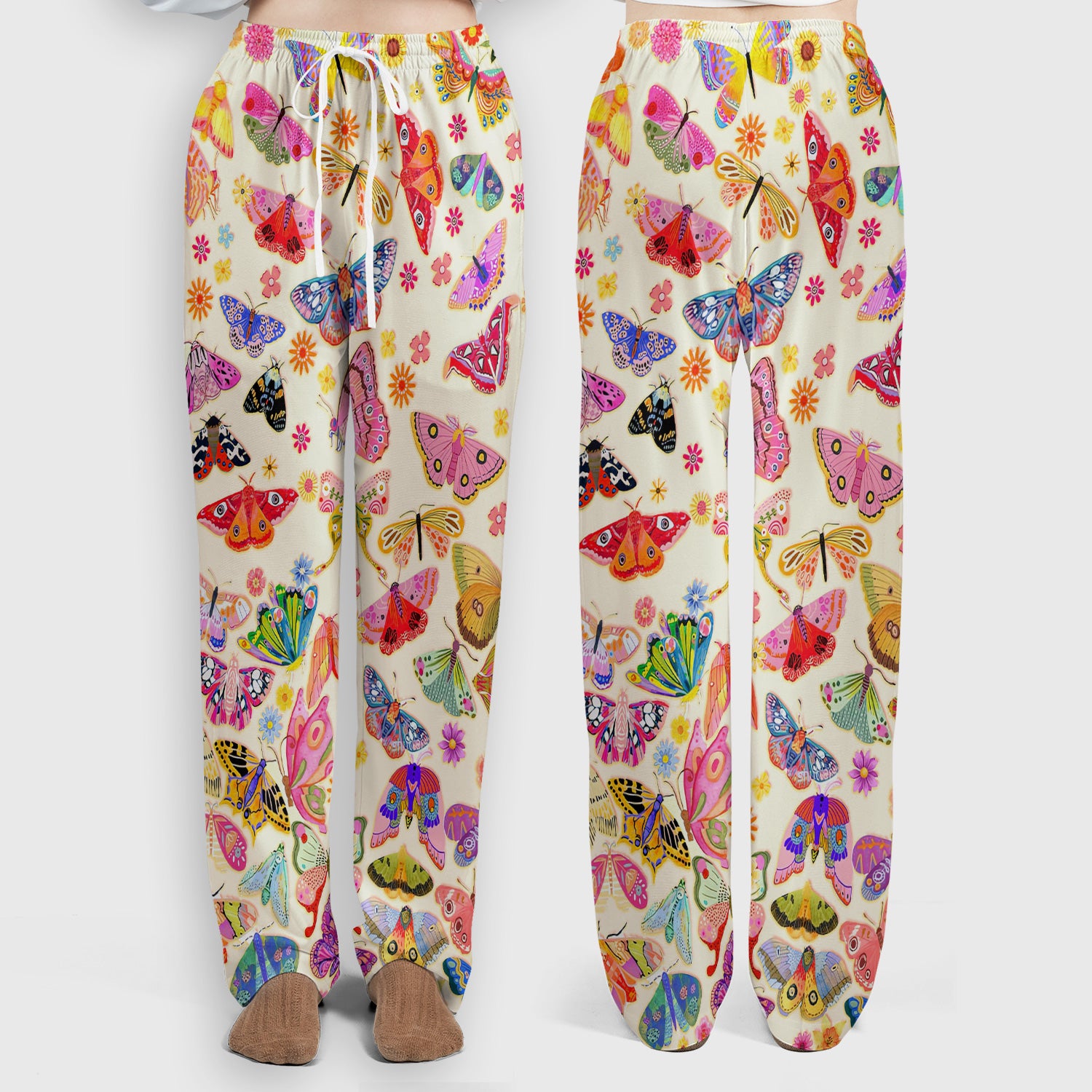 Colorful Butterfly Floral Pattern Scrub Set, Scrub Pants and V Neck Top