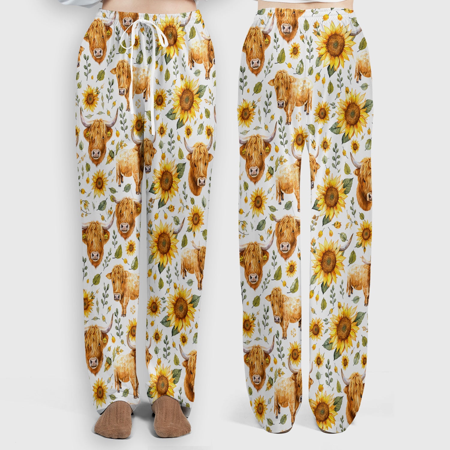 Highland Cow Sunflower Pattern Scrub Set, Scrub Pants and V Neck Top