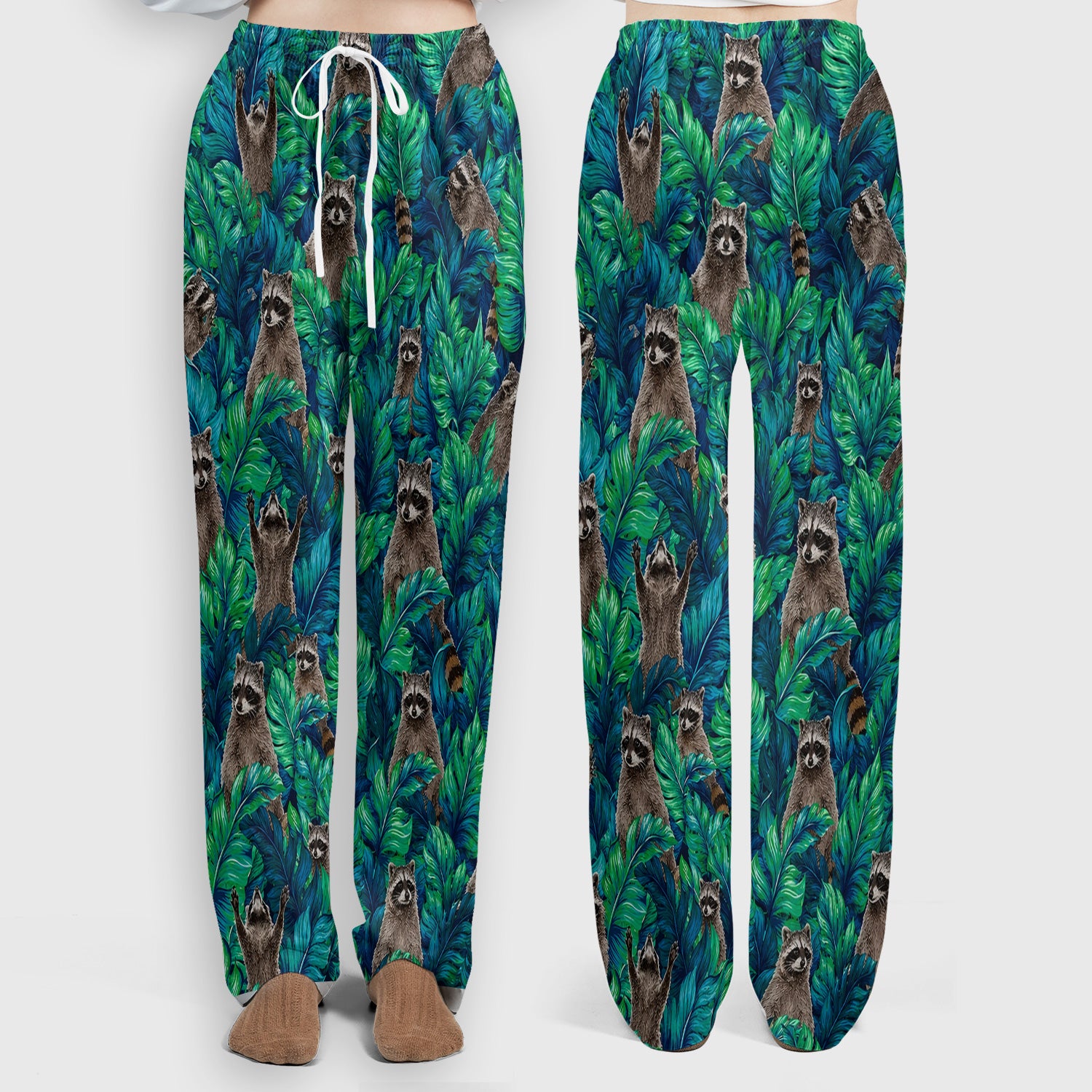Tropical Raccoon Jungle Leaves Pattern Scrub Set, Scrub Pants and V Neck Top