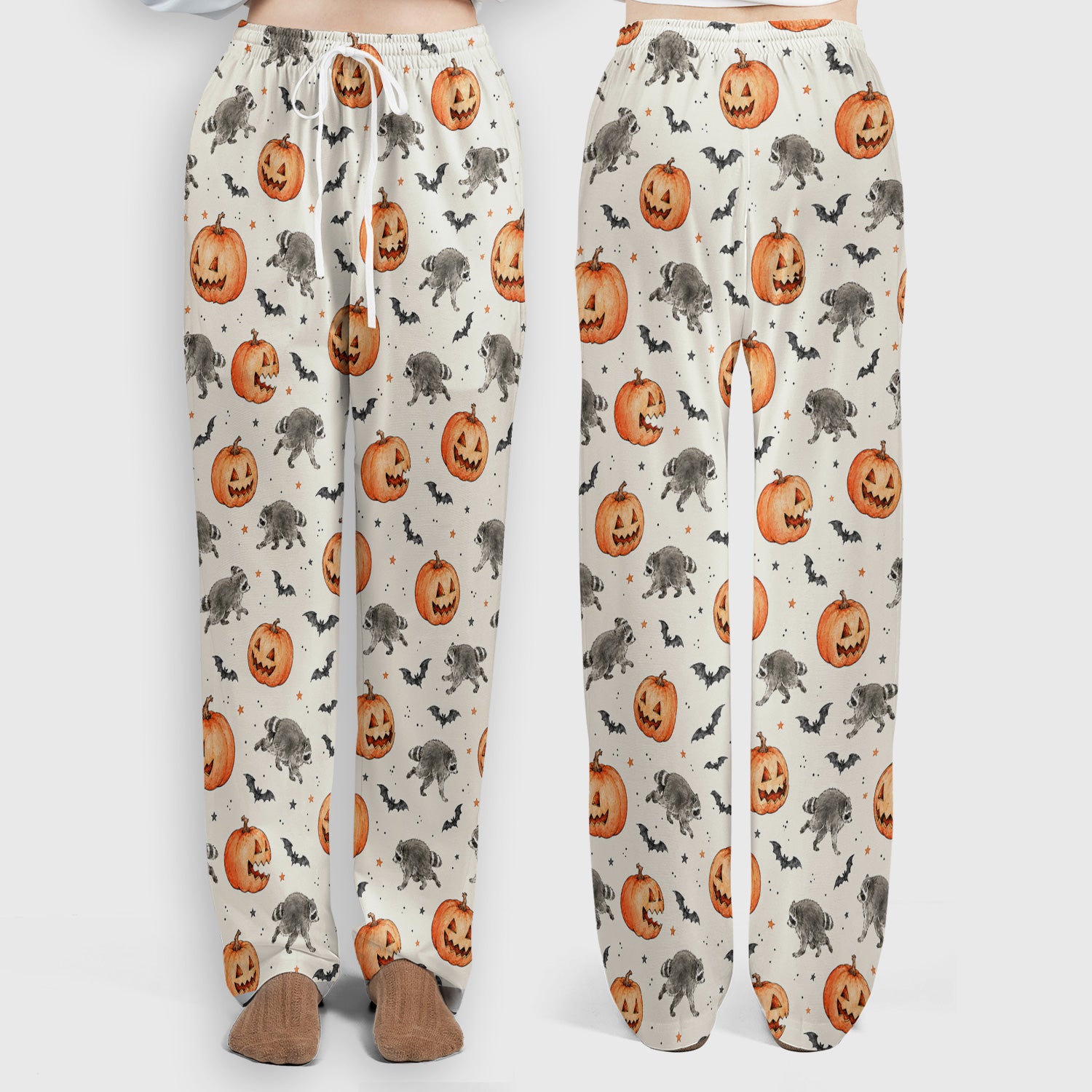 Spooky Halloween Raccoon And Pumpkin Scrub Set, Scrub Pants and V Neck Top