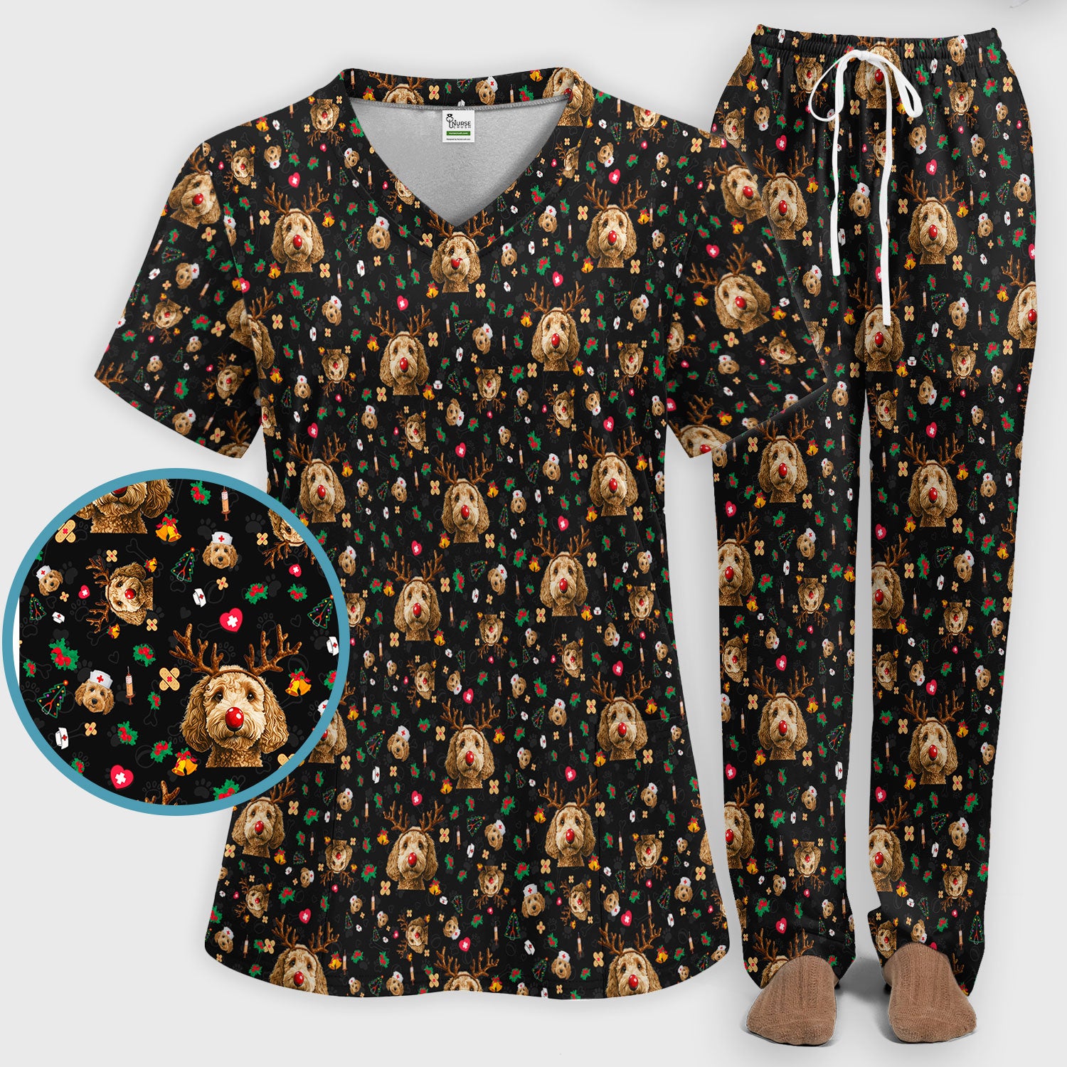 Labradoodle Reindeer Christmas Scrub Set - Funny Dog Nurse Pants and V Neck Top - Cute Holiday Medical Uniform