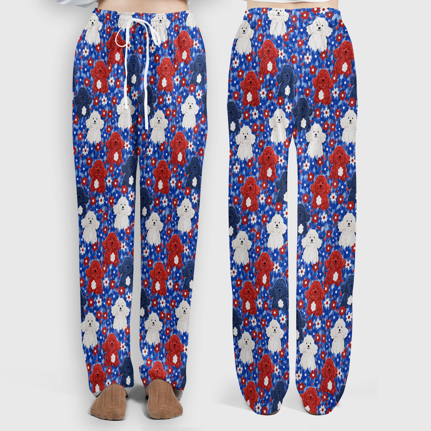 Cute Poodle Floral Garden Print Scrub Set, Scrub Pants and V Neck Top