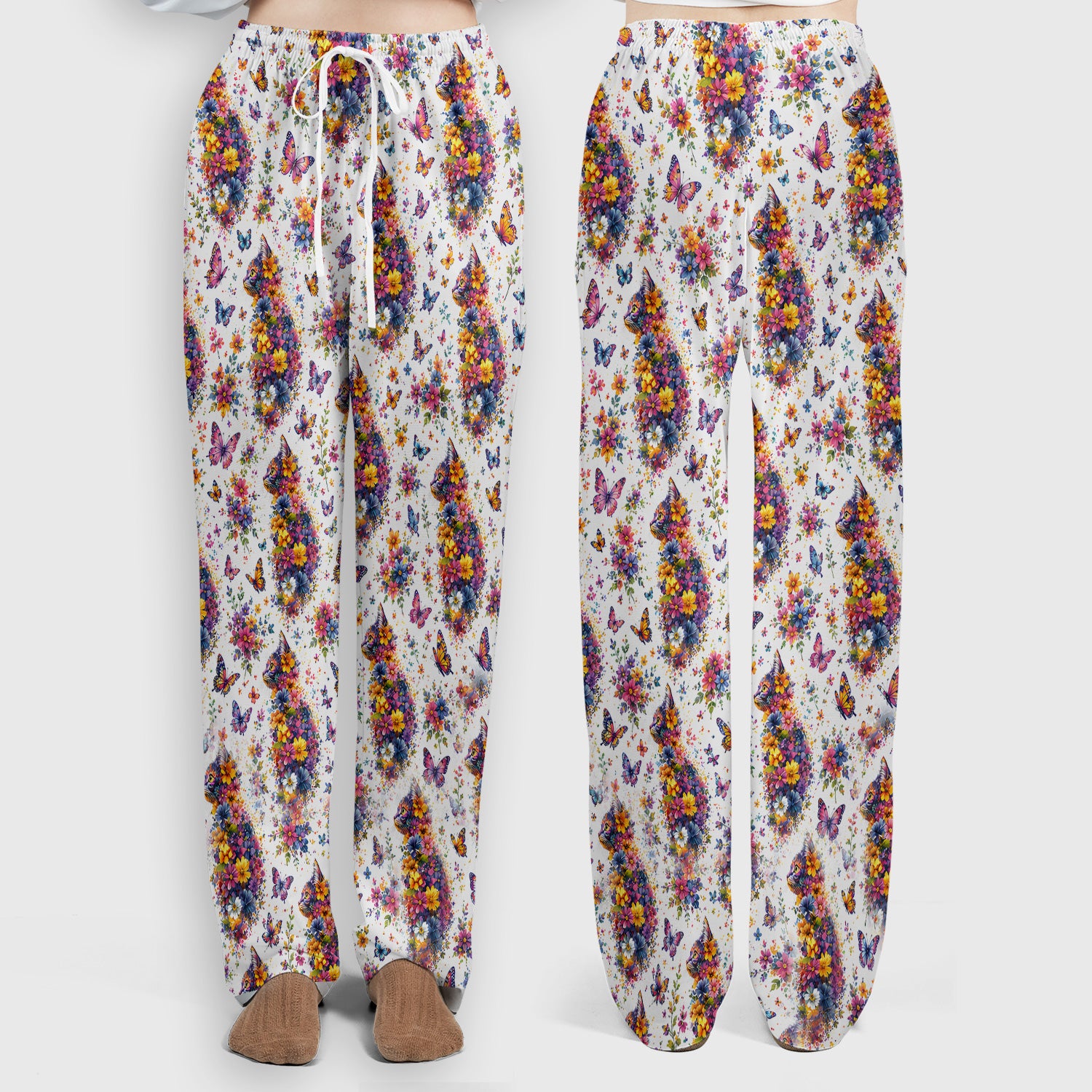 Cute Floral Cat With Butterfly Pattern Scrub Set, Scrub Pants and V Neck Top