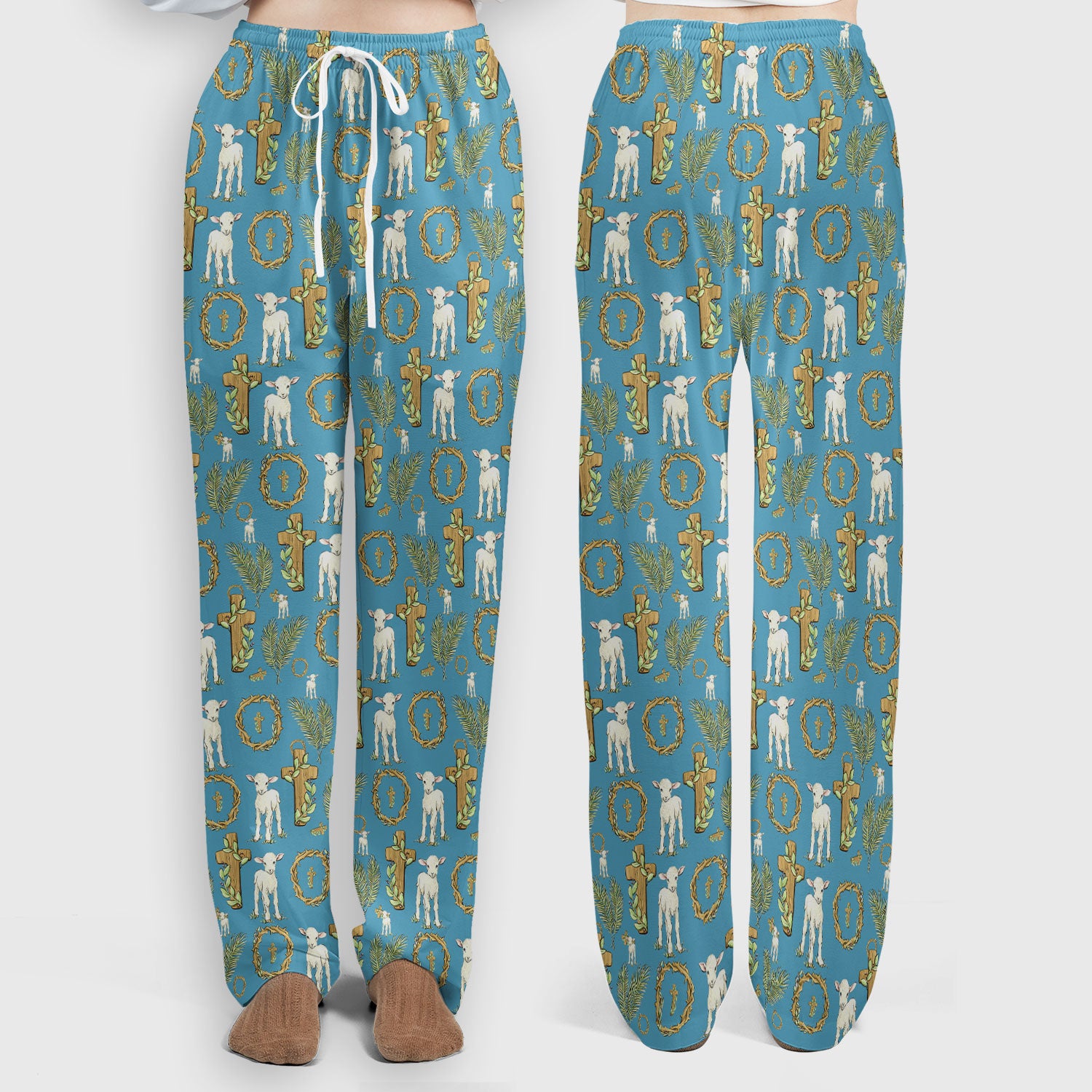 Faith Lamb Cross Pattern Women's Scrub Set, Scrub Pants and V Neck Top