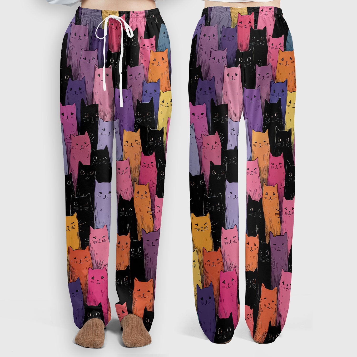 Colorful Cat Art Medical Pattern Scrub Set, Scrub Pants and V Neck Top