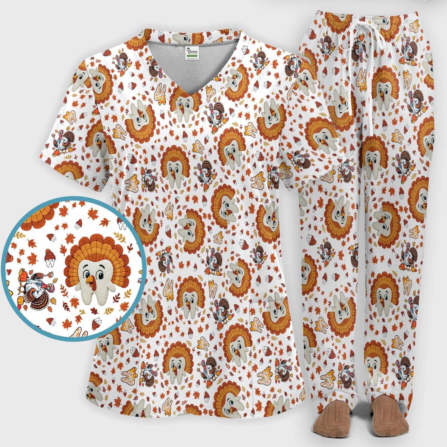 Funny Thanksgiving Tooth Scrub Set - Cute Turkey Dental Scrubs Pants and V Neck Top - Fall Medical Uniform for Hygienists & Nurses