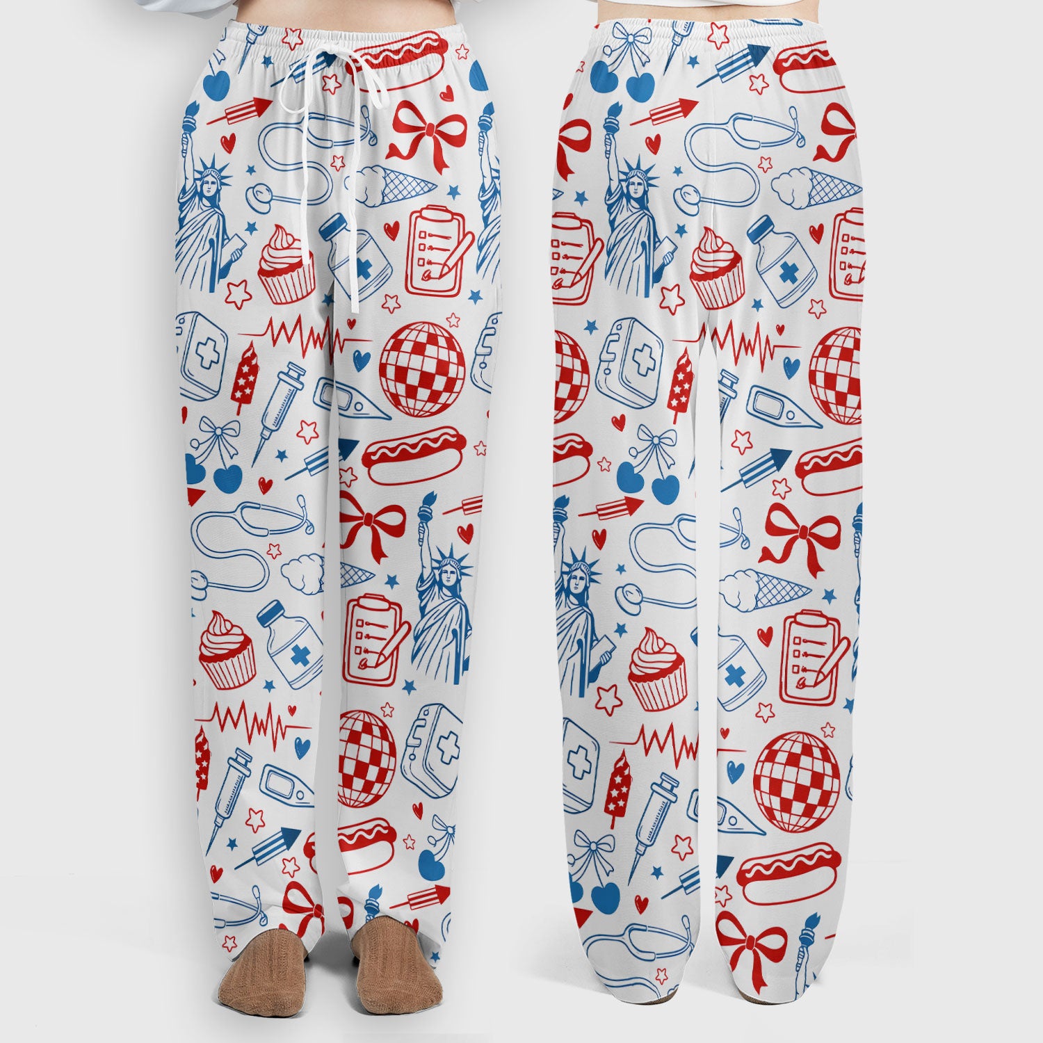 Patriotic Nurse Medical Icons Pattern Scrub Set, Scrub Pants and V Neck Top