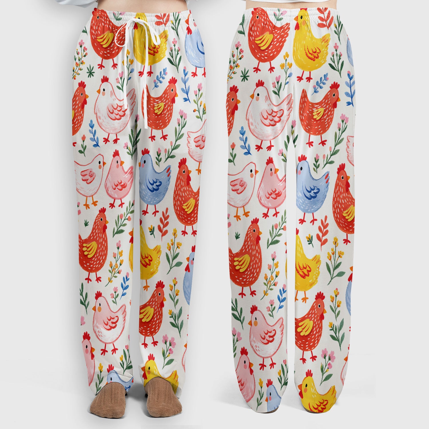 Fun Cartoon Hen Print Scrub Set, Scrub Pants and V Neck Top