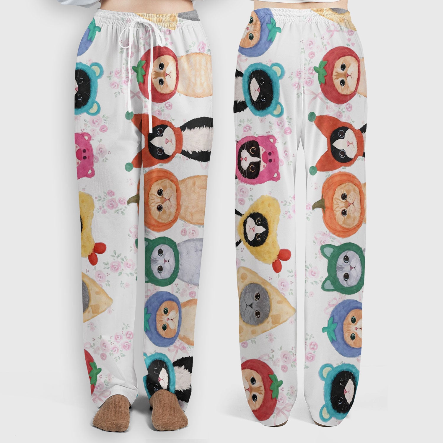 Funny Cartoon Cat Print Scrub Set, Scrub Pants and V Neck Top