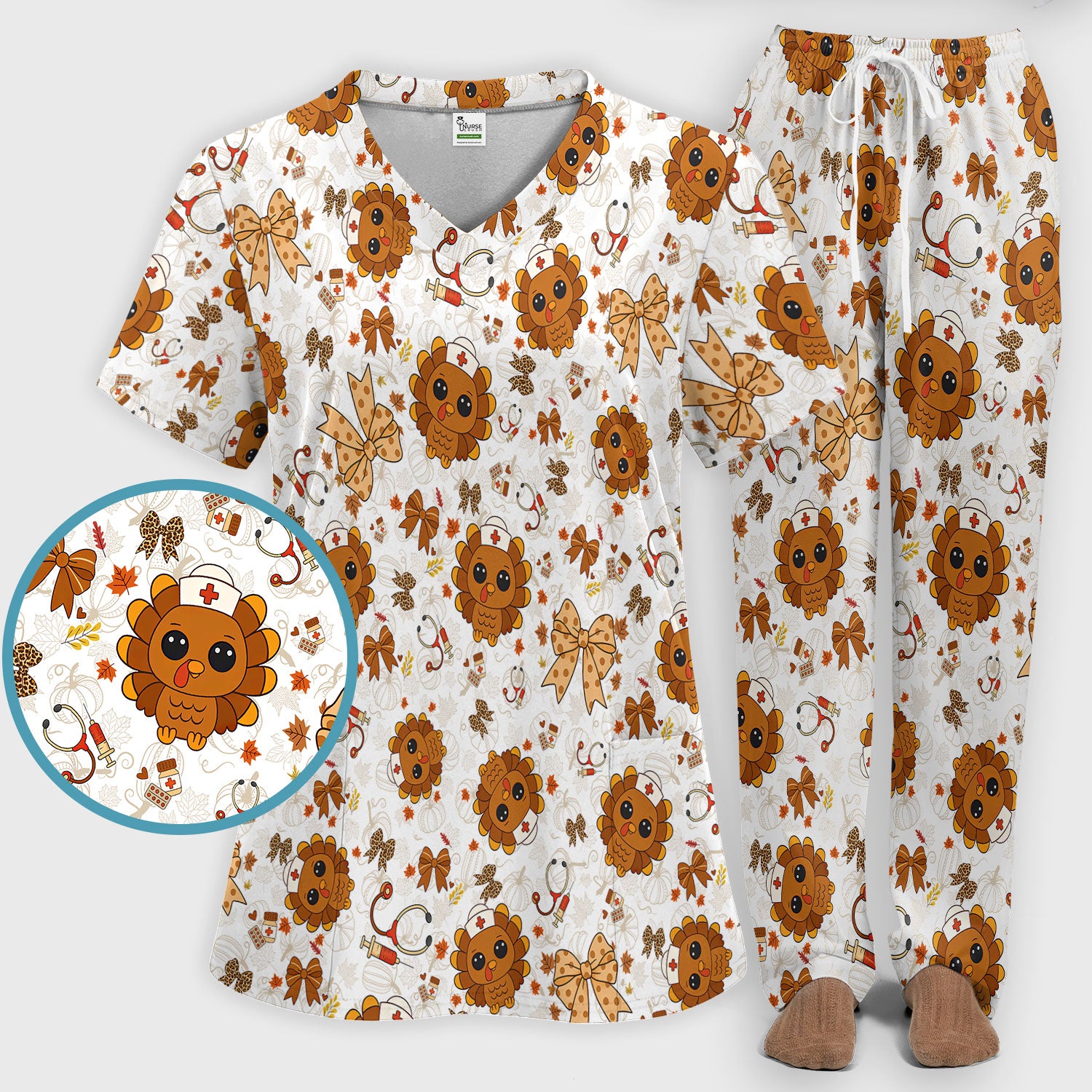 Thanksgiving Turkey Nurse Scrub Set for Women - Cute Fall Leaves and Bow Scrub Pants and V Neck Top - Autumn Medical Uniform