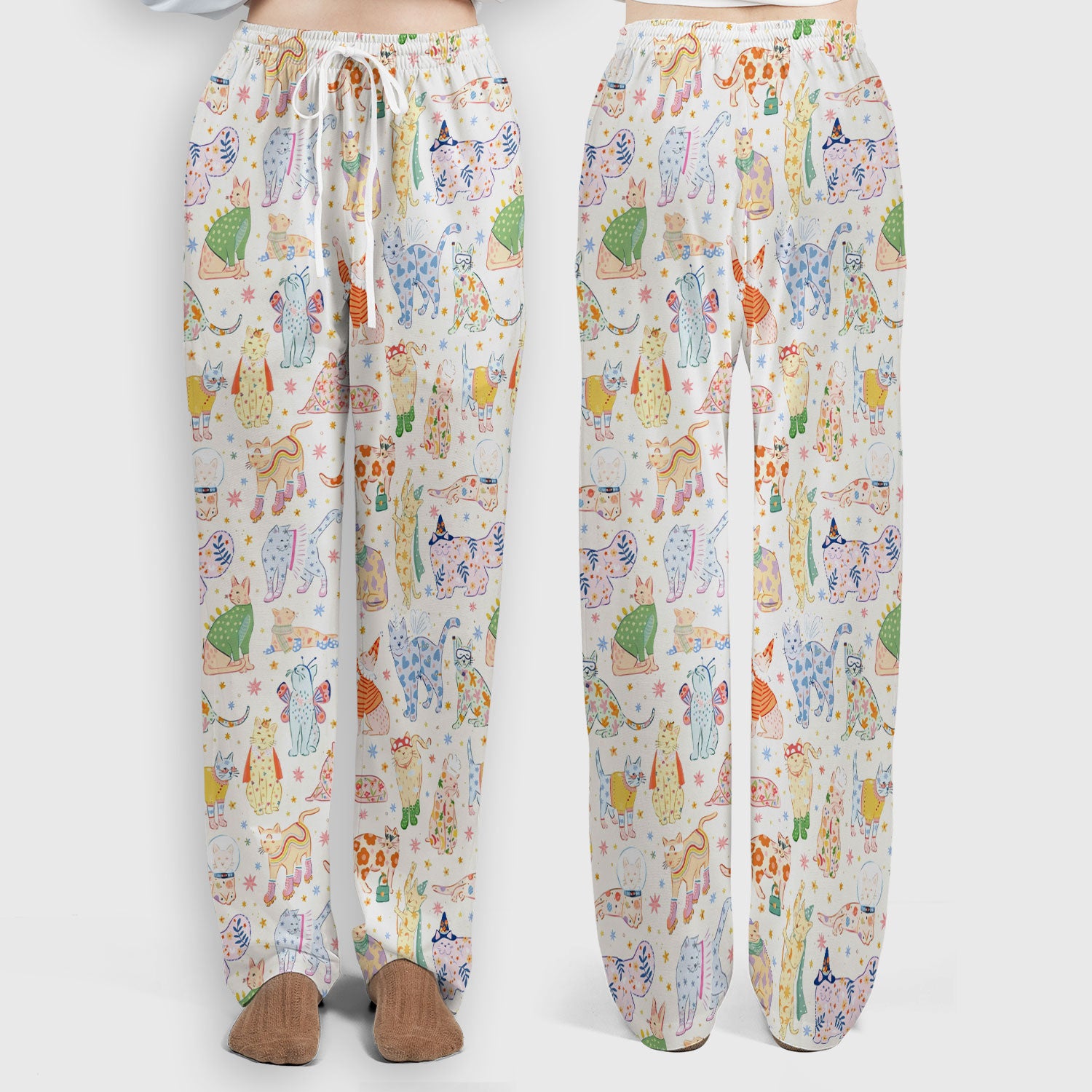Colorful Pastel Cartoon Cats Print Scrub Set, Breathable Med Uniform