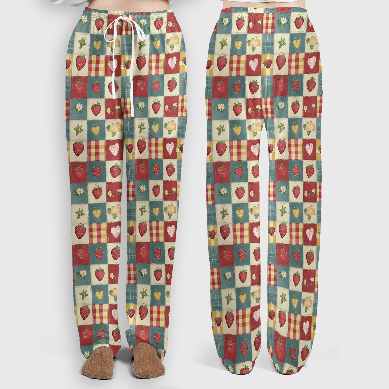 Cute Strawberry Floral Patchwork Pattern Scrubs Sets, Scrub Pants and V Neck Top