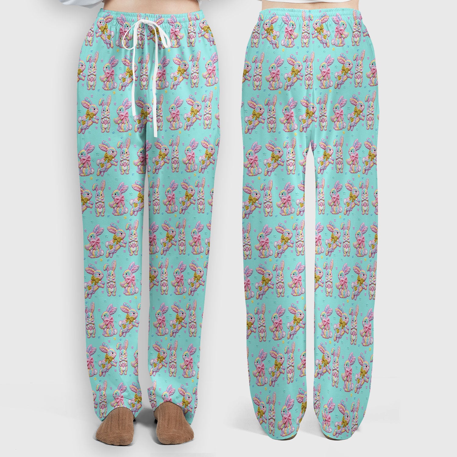 Cartoon Bunny All Over Print Set, Scrub Pants and V Neck Top