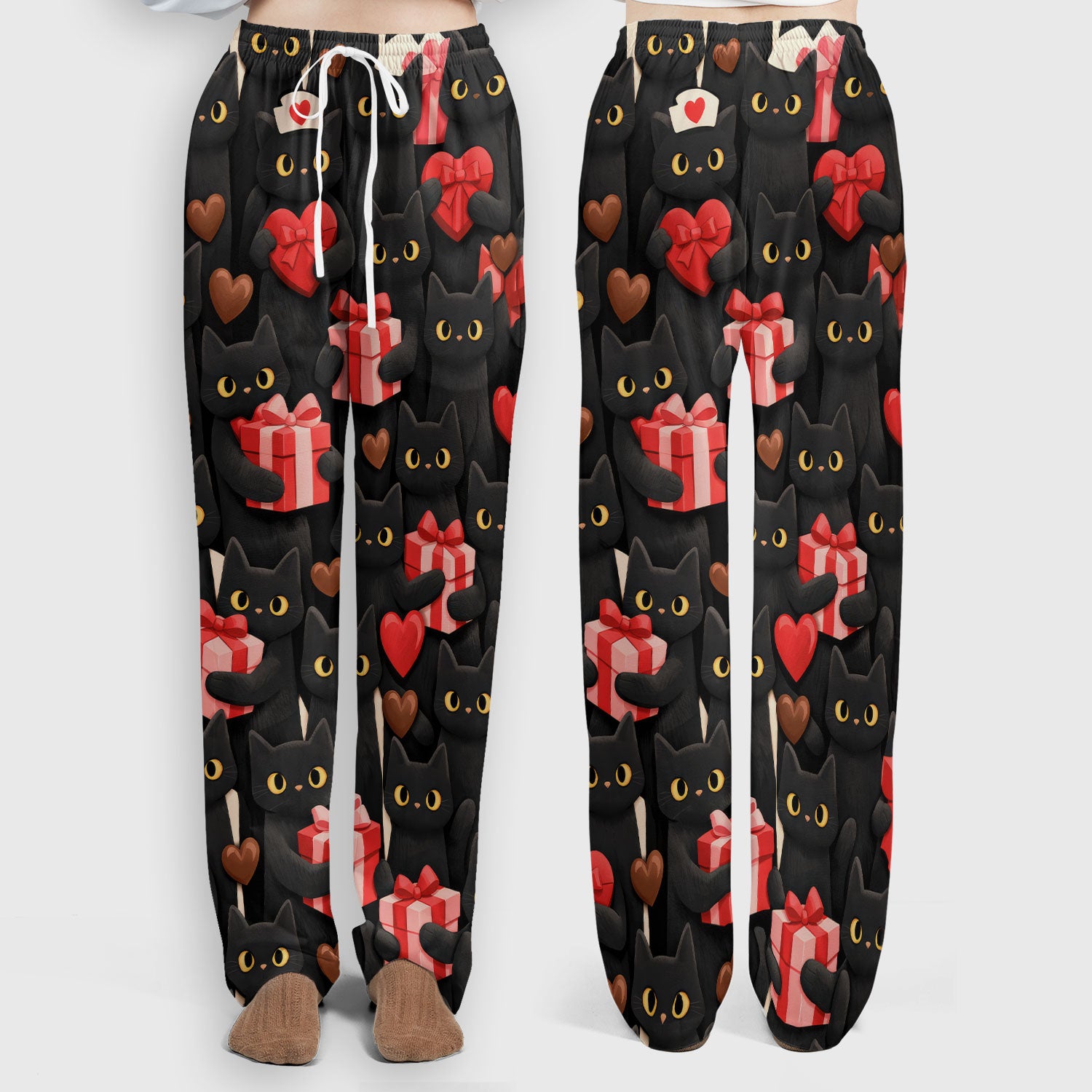 Black Cat Valentine Nurse Scrub Set, Heart Pattern Medical Shirt, Breathable Fabrics Nursing Uniform