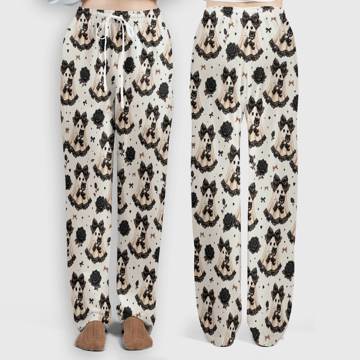 Halloween Ghost Black Cat Pattern Scrub Set, Scrub Pants and V Neck Top