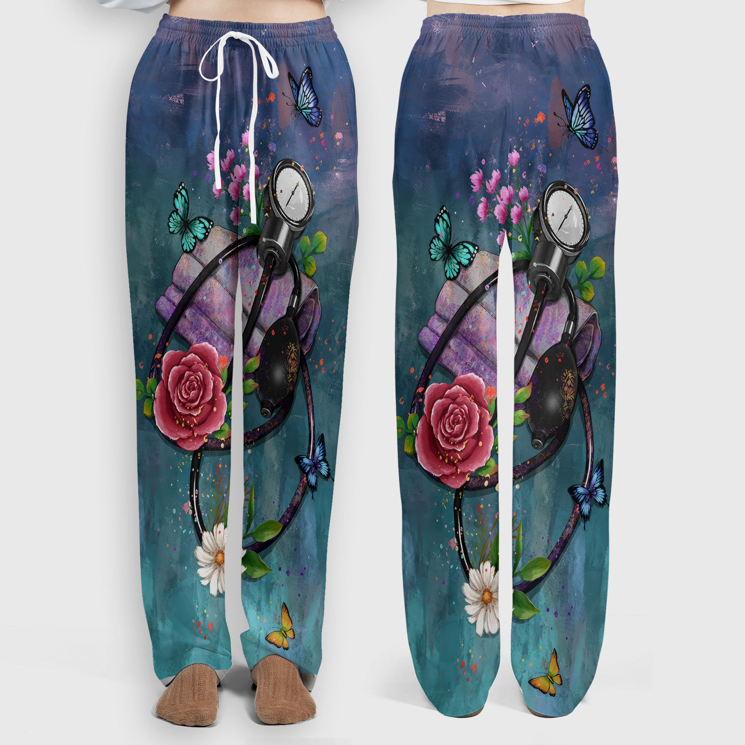 Floral Stethoscope Nurse Pattern Scrub Set, Scrub Pants and V Neck Top