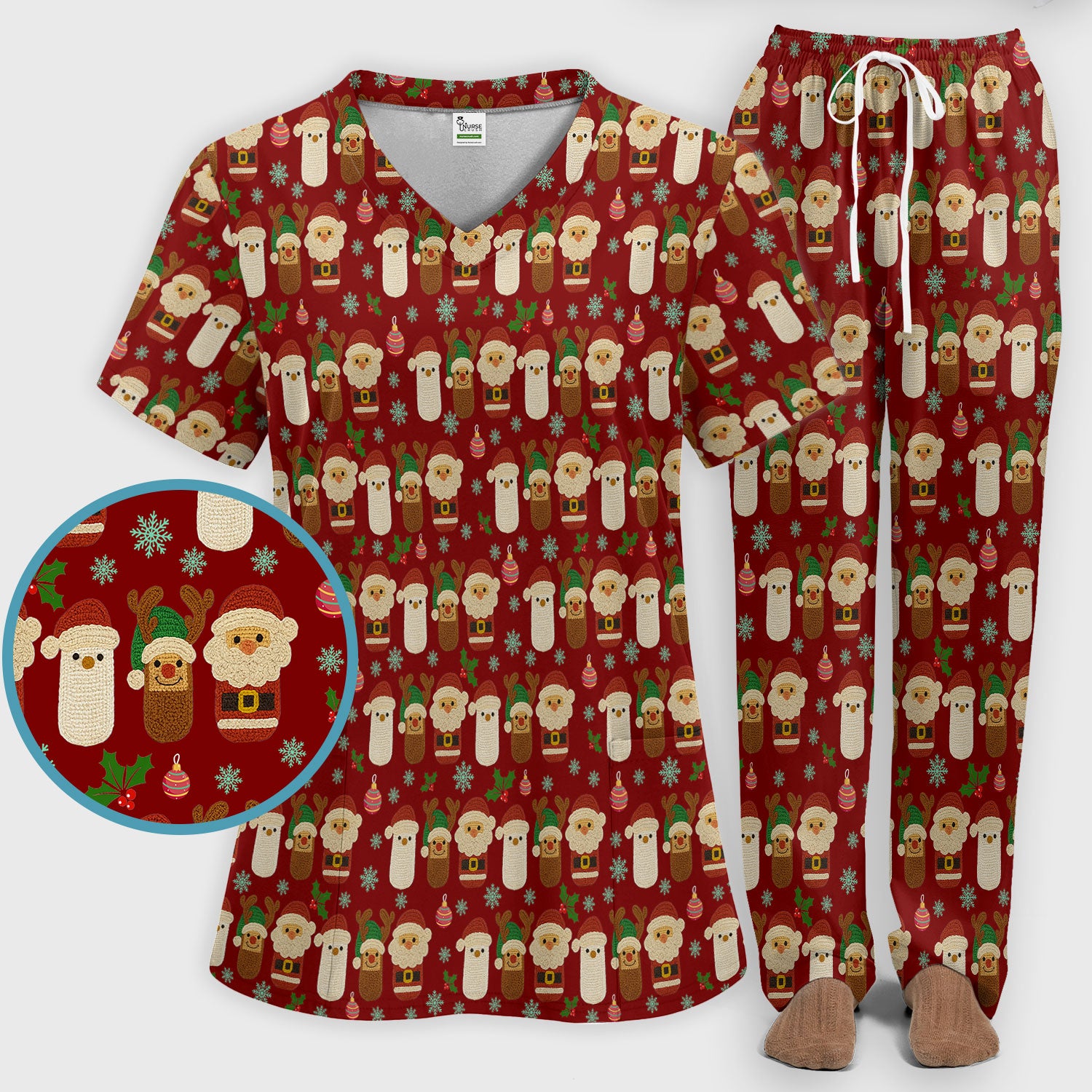 Christmas Santa Reindeer Snowman Scrub Set - Holiday Chill Pill Scrubs Pants and V Neck Top - Funny Medical Uniform for Women