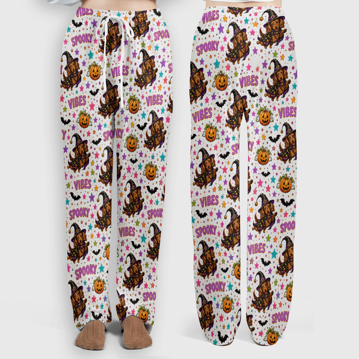 Spooky Dachshund Vibes Print Scrub Set, Scrub Pants and V Neck Top
