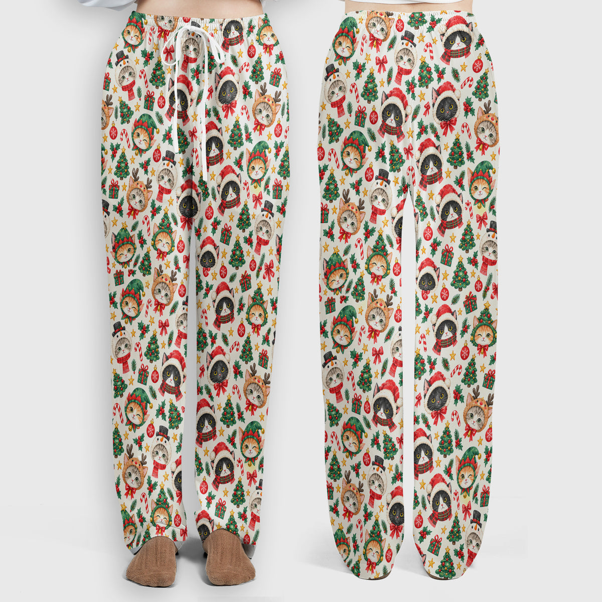 Christmas Cats And Trees Pattern Scrub Set, Scrub Pants and V Neck Top