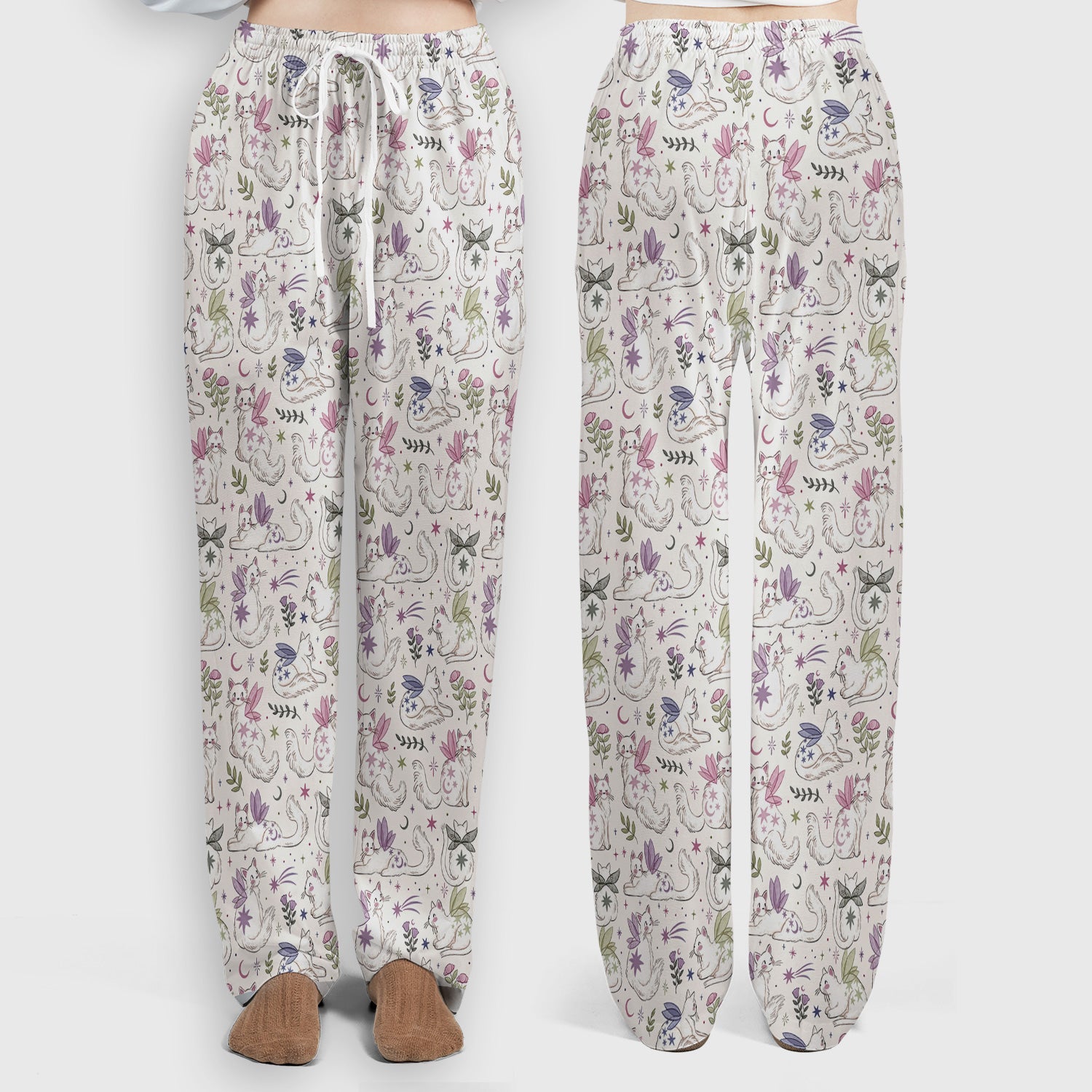 Cute Fairy Cat Moon Star Floral Pattern Scrub Set, Scrub Pants and V Neck Top