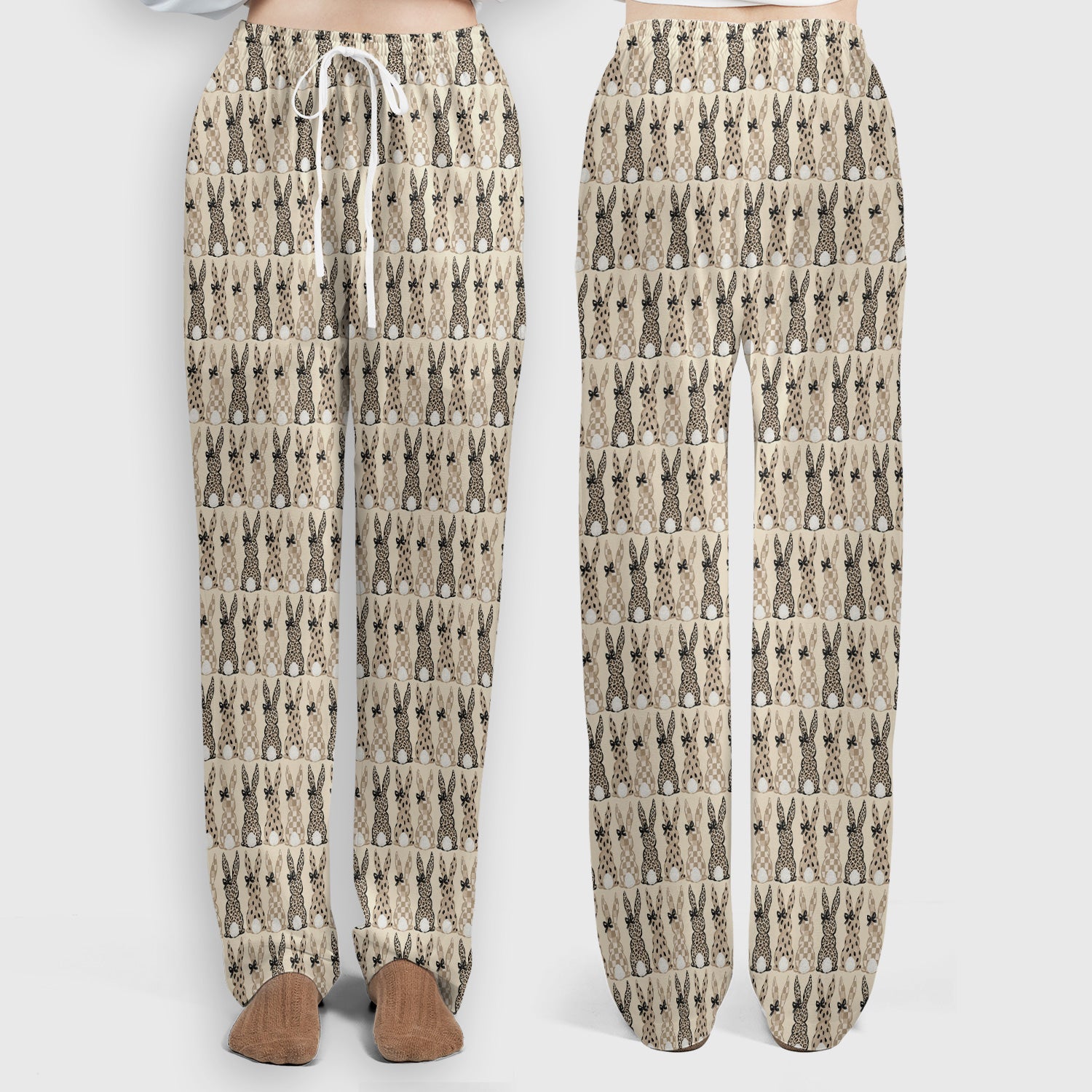 Vintage Bunny Pattern Beige Scrub Set, Scrub Pants and V Neck Top