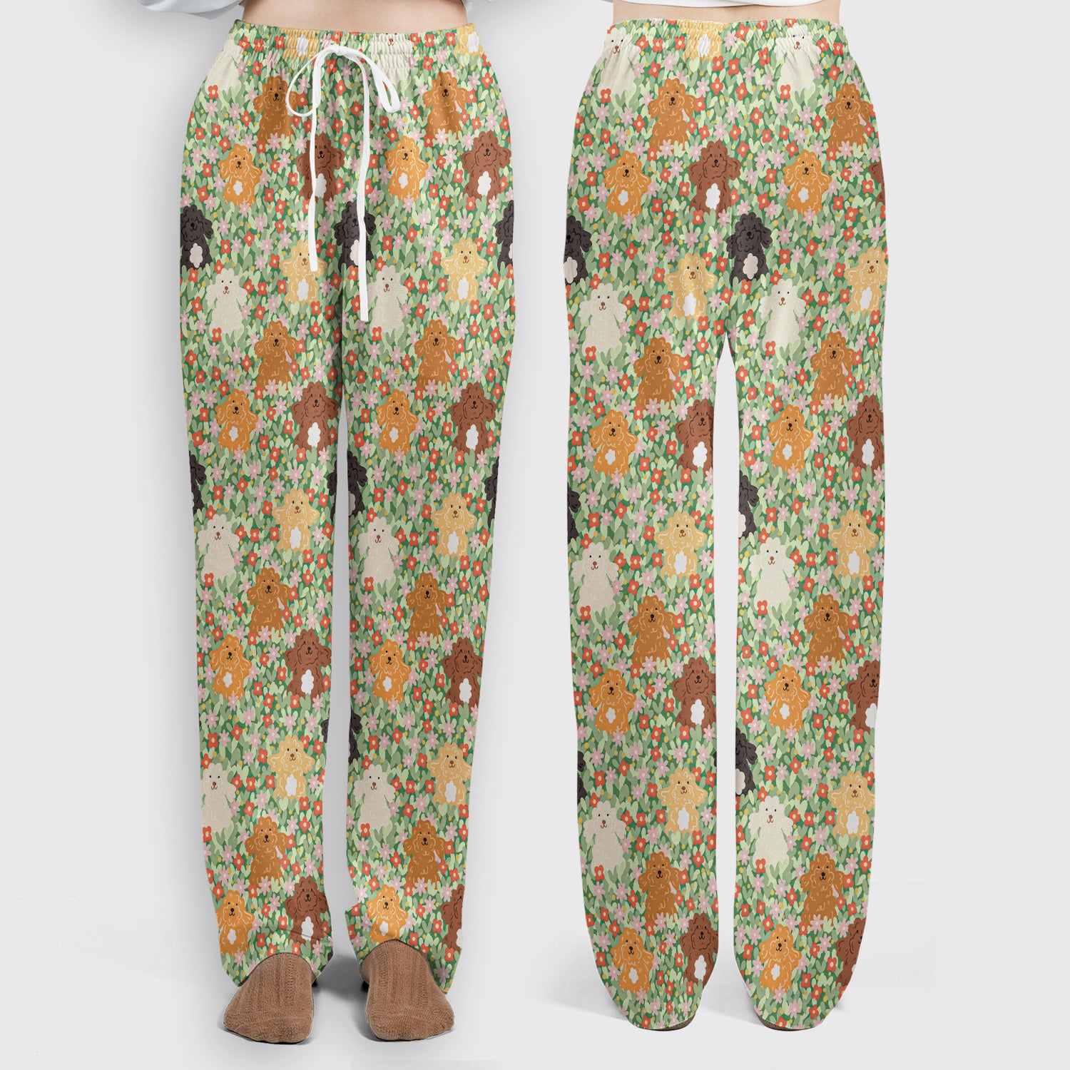 Cute Poodle Dogs Floral Pattern Scrubs Sets, Breathable Med Uniform