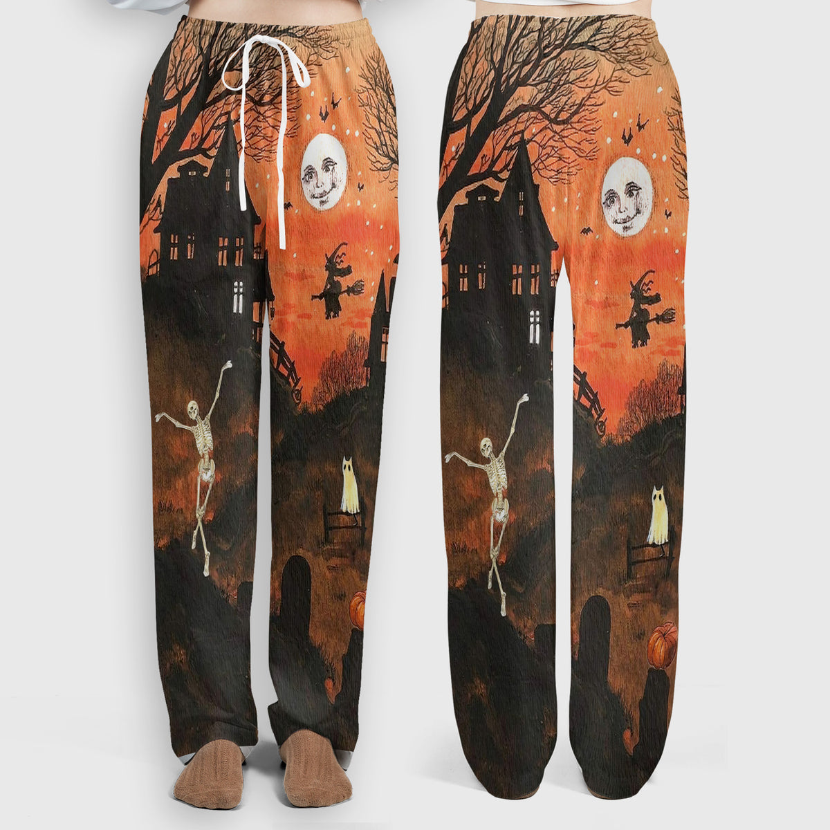 Halloween Haunted House Pattern Scrub Set, Scrub Pants and V Neck Top