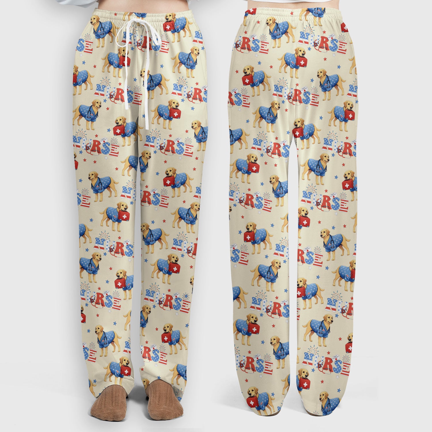 Patriotic Nurse Dog Medical Pattern Pattern Scrub Set, Women's Scrub Sets