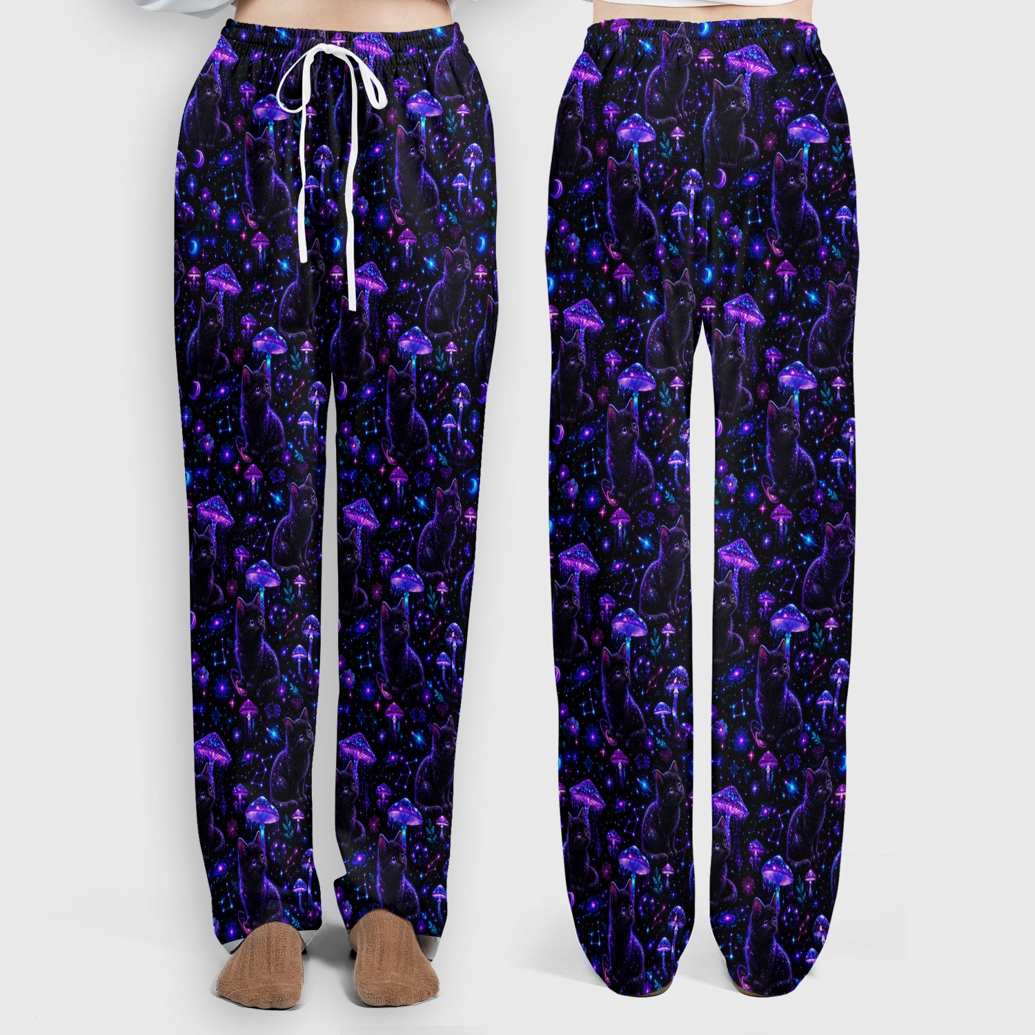 Mystical Black Cat Neon Mushroom Print Scrub Set, Scrub Pants and V Neck Top