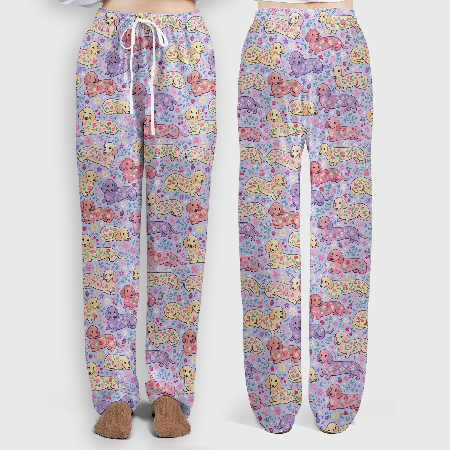 Cute Dachshund Floral Pattern Scrub Set, Scrub Pants and V Neck Top