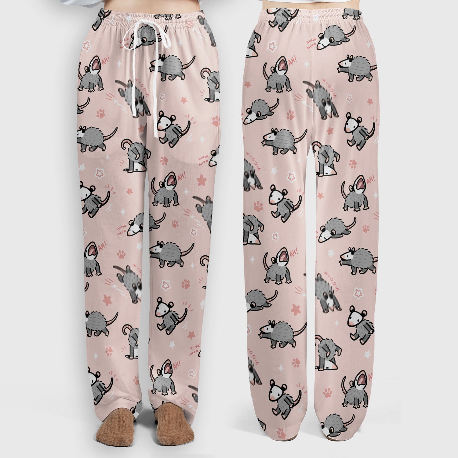 Playful Cartoon Opossum Character Pattern Scrub Set, Women's Scrub Sets