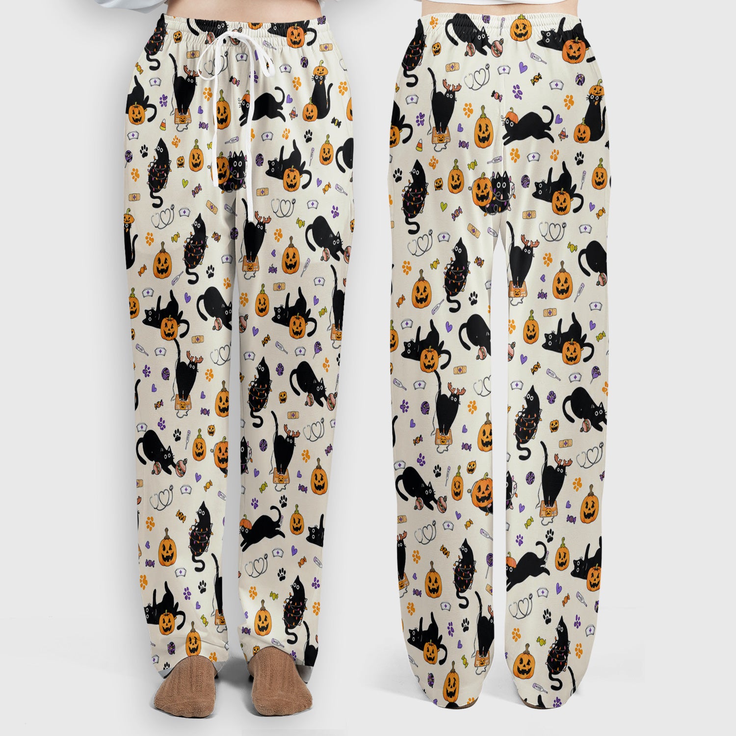 Pumpkin Black Cat Pattern Scrub Set, Scrub Pants and V Neck Top