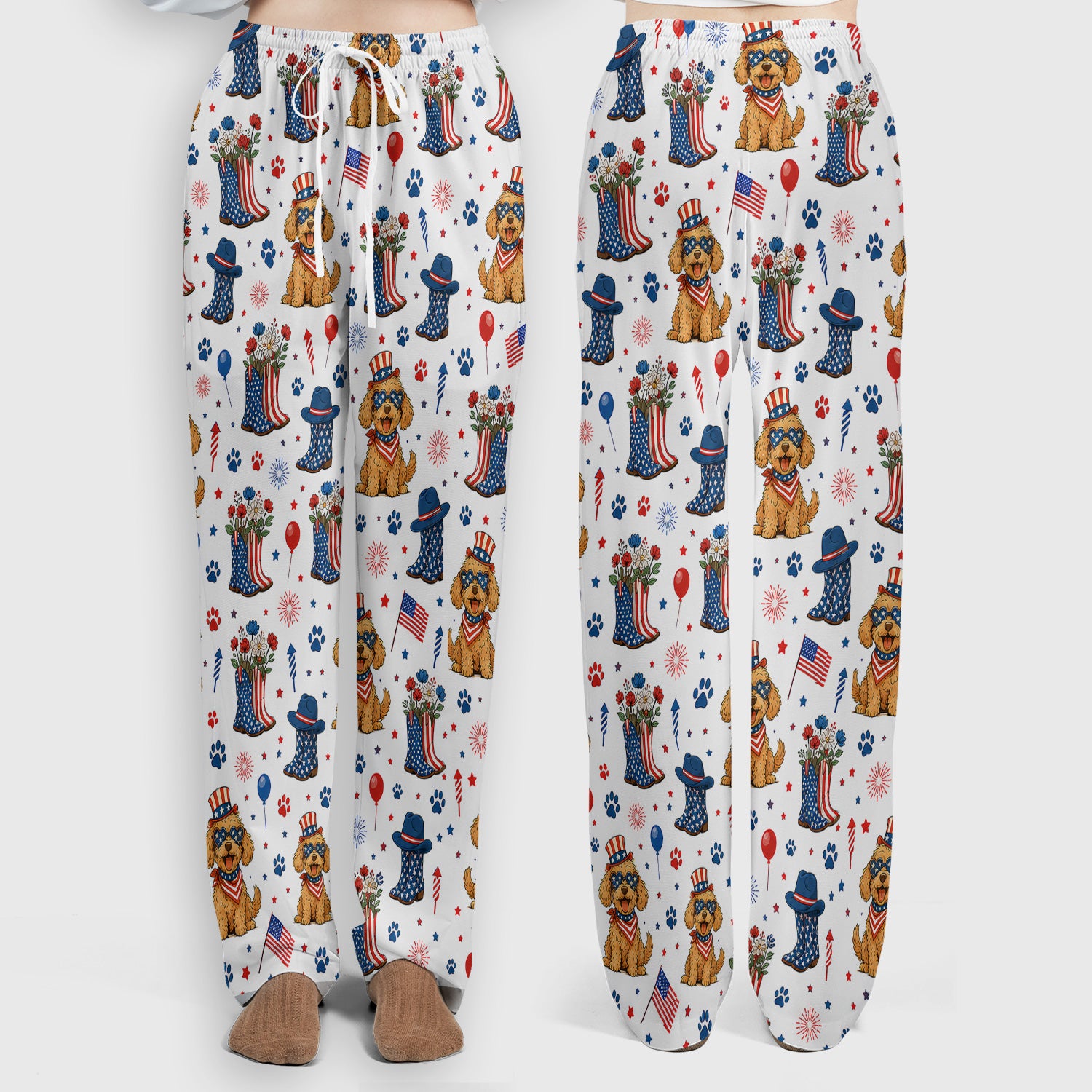 Patriotic Puppy Cowboy Boots Pattern Scrub Set, Scrub Pants and V Neck Top