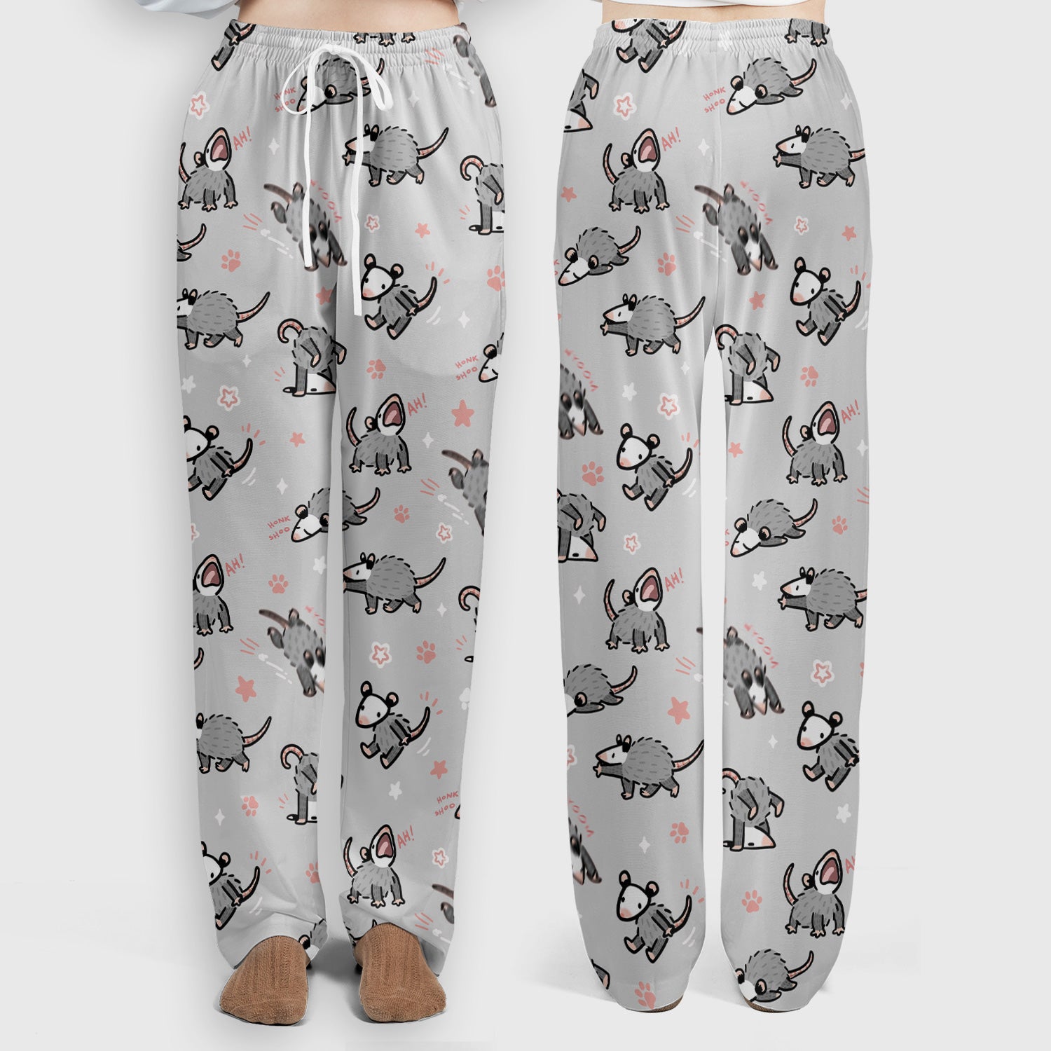 Playful Cartoon Opossum Character Pattern Scrub Set, Women's Scrub Sets