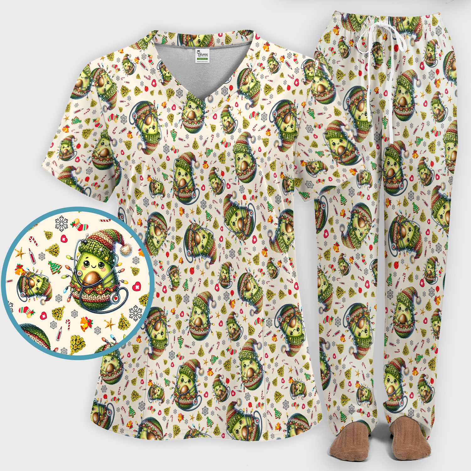 Avocado Scrub Set for Nurse - Funny Christmas Nursing Pants and V Neck Top - Cute Holiday Medical Uniform