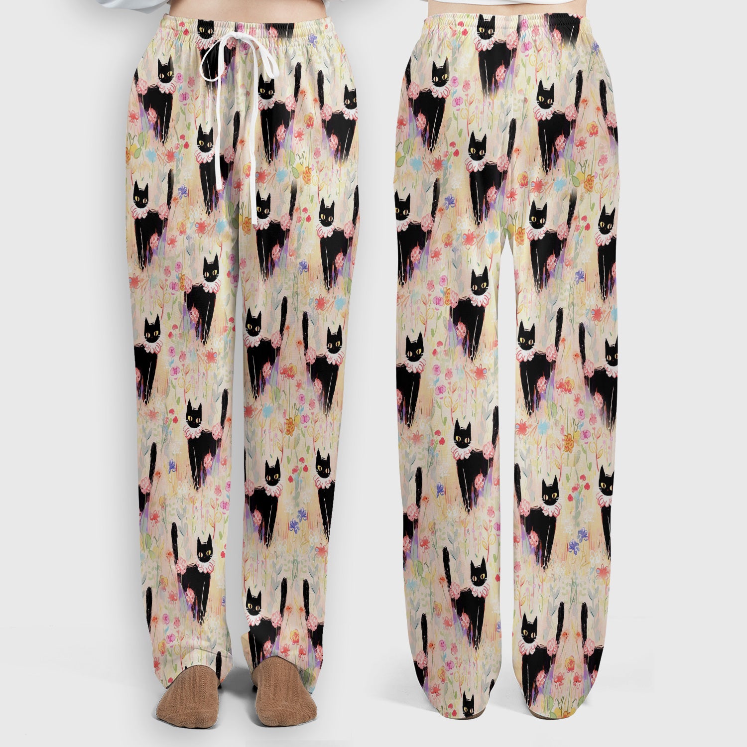 Black Cat Floral Garden Nurse Pattern Scrub Set, Scrub Pants and V Neck Top
