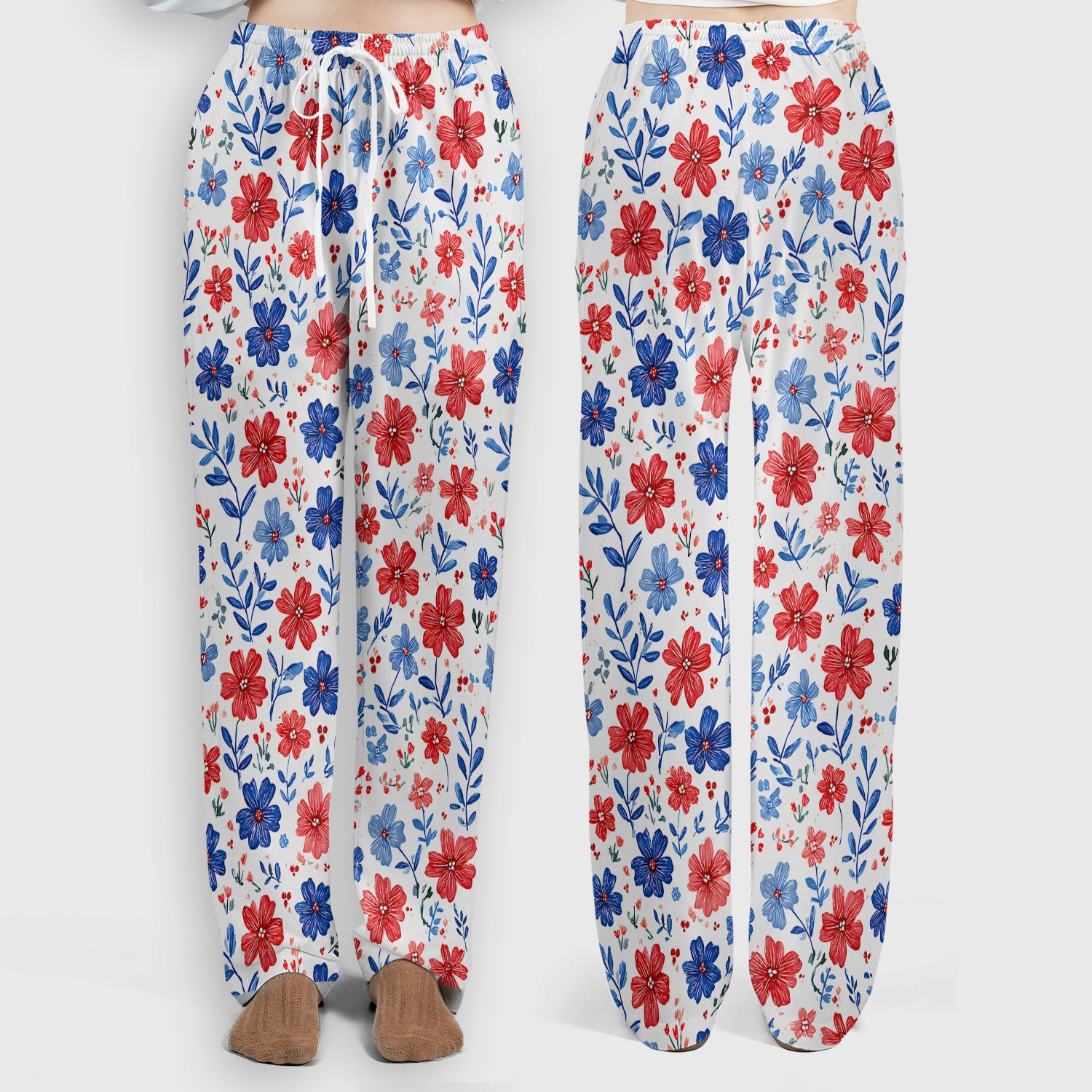 Patriotic Red White Blue Floral Print Scrub Set, Scrub Pants and V Neck Top
