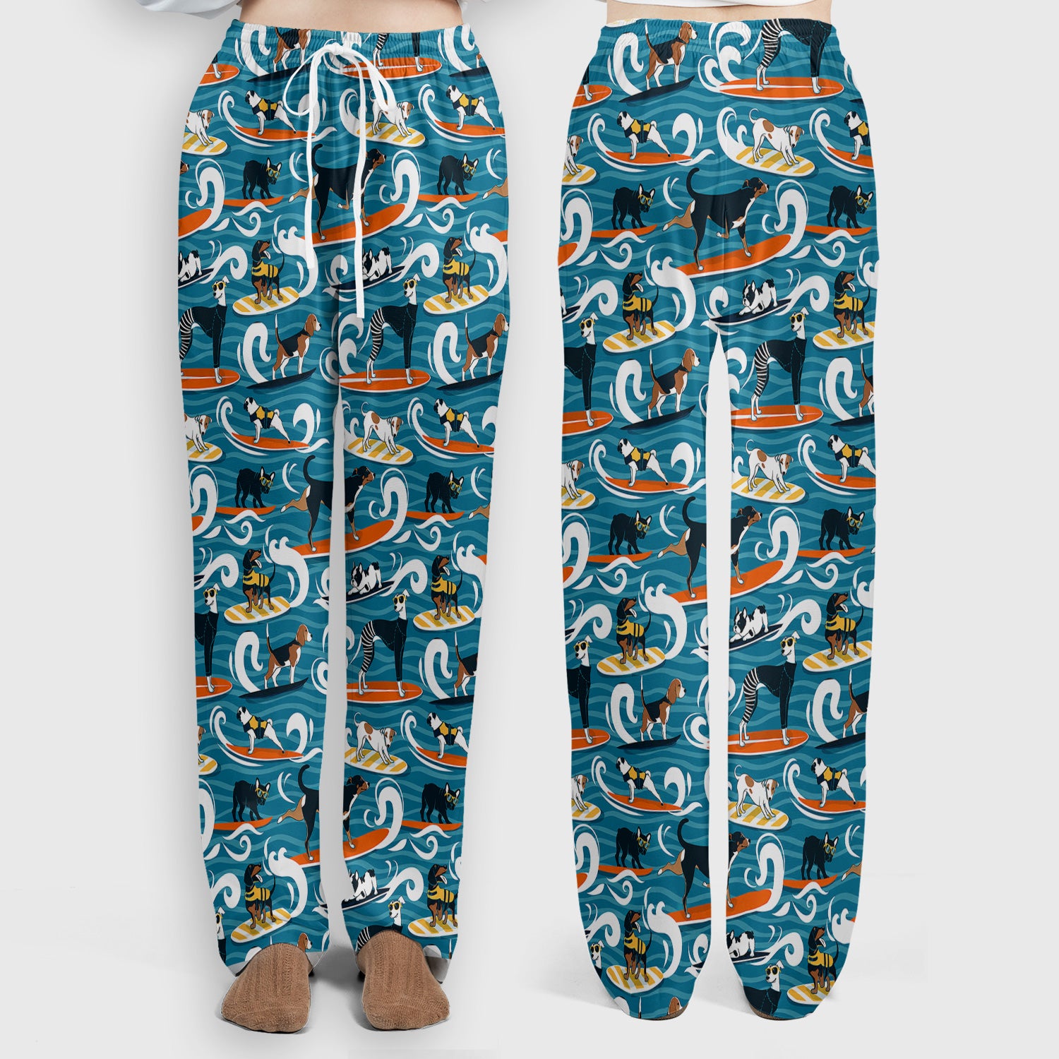Surfing Dogs Ocean Wave Print Scrub Set, Scrub Pants and V Neck Top