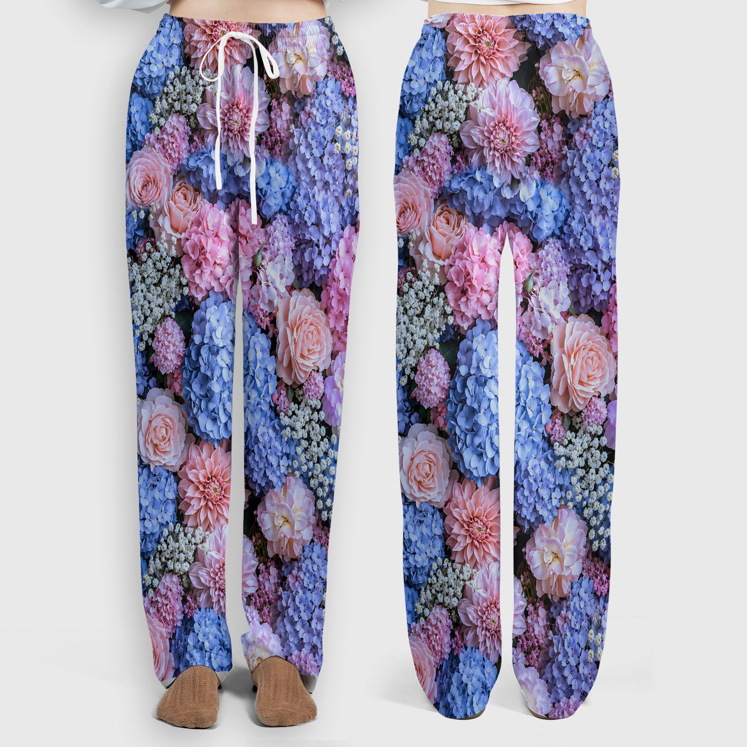 Cute Pastel Hydrangea Rose Blossom Pattern Scrub Set, Scrub Pants and V Neck Top