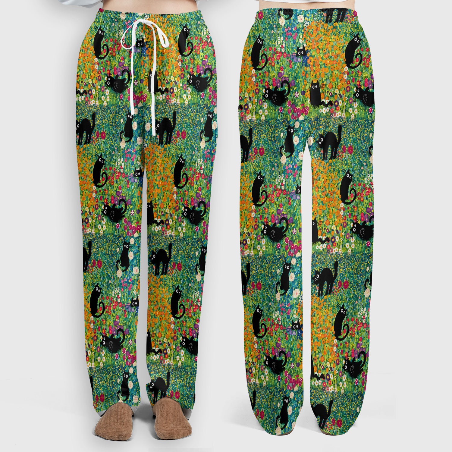 Black Cat Flower Garden Pattern Scrub Set, Scrub Pants and V Neck Top