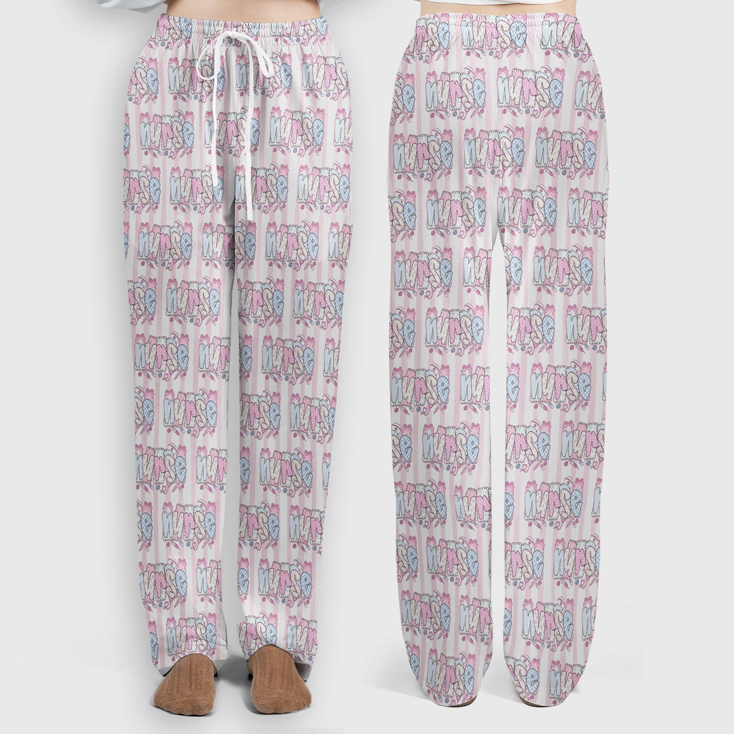 Cute Pastel Nurse Pattern Scrub Set, Scrub Pants and V Neck Top