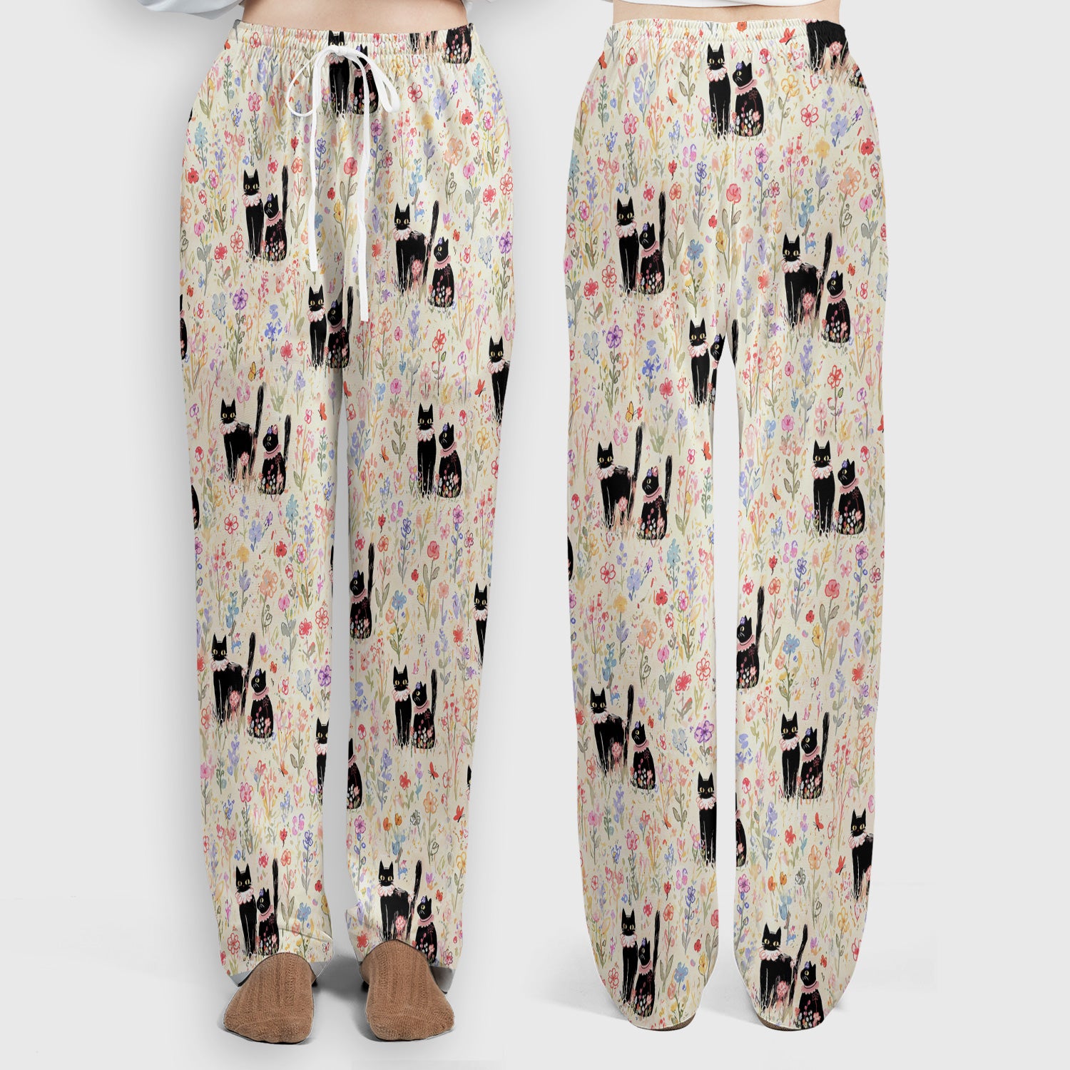 Cute Black Cats Wildflower Garden Pattern Scrub Set, Scrub Pants and V Neck Top