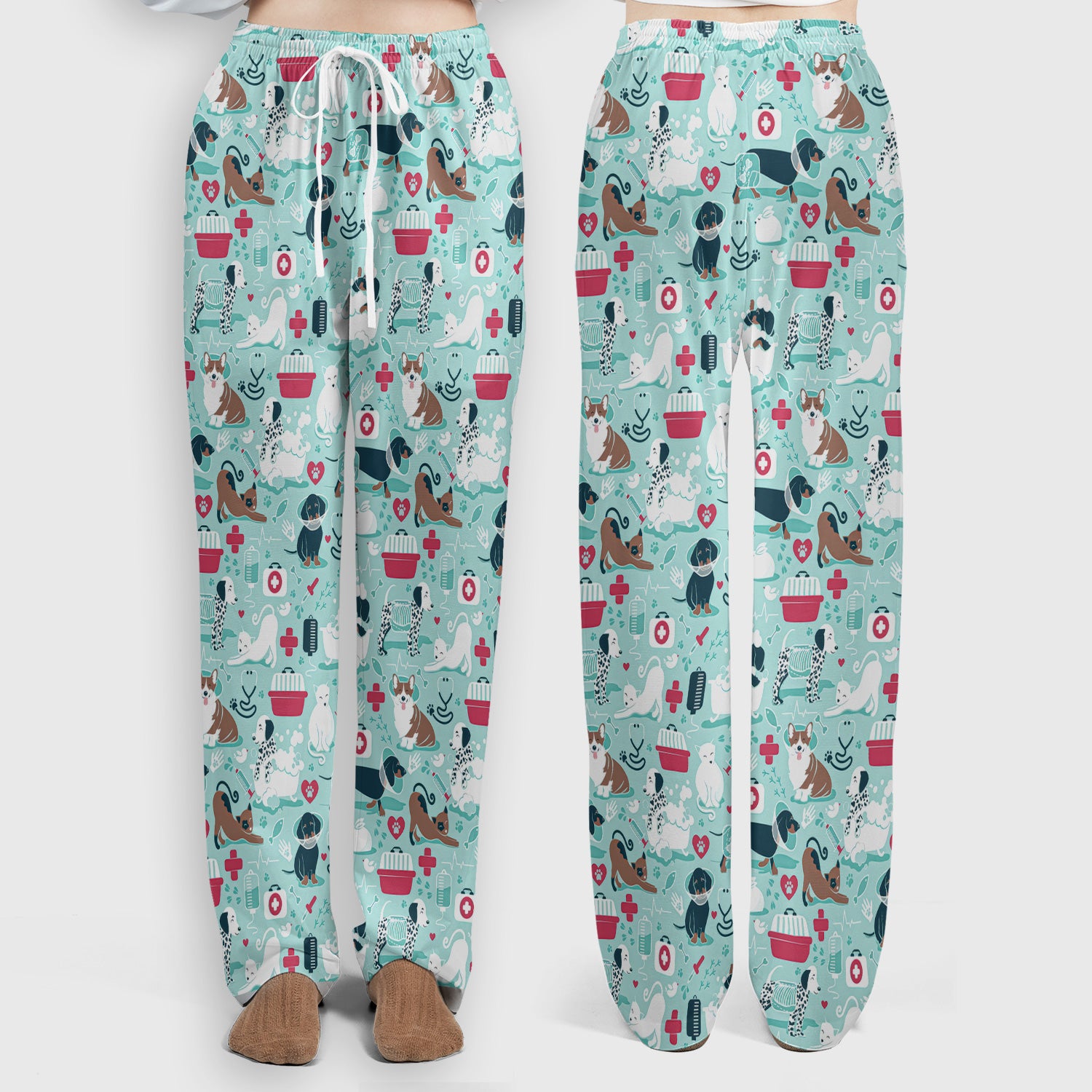 Dogs With Veterinary Tools And Paw Print Scrub Set, Breathable Med Uniform