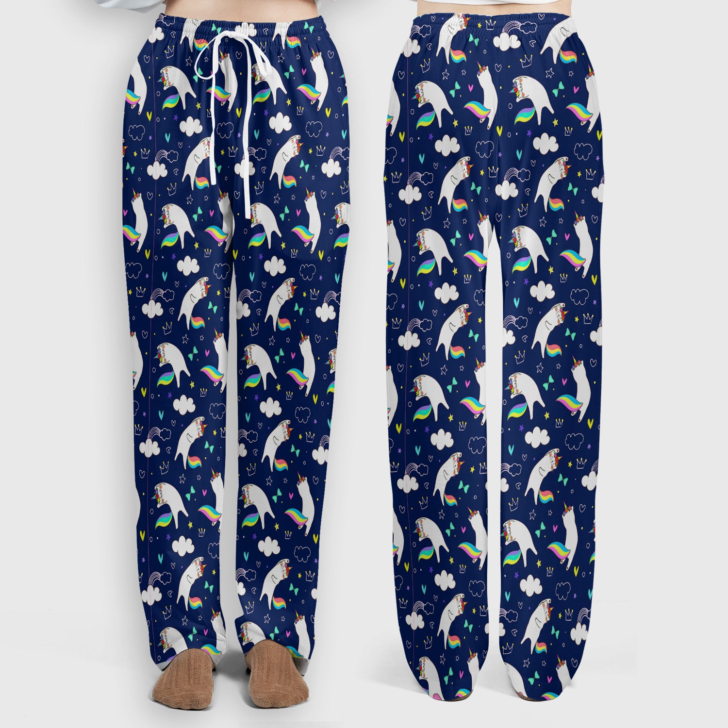 Unicorn Cat With Rainbow Tail Clouds Scrub Set, Scrub Pants and V Neck Top