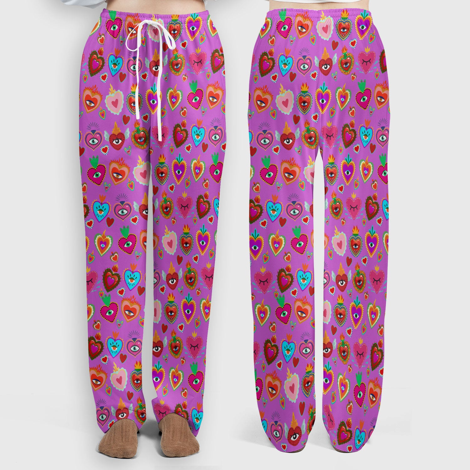 Valentine Colorful Sacred Heart Print Women's Scrub Set, Scrub Pants and V Neck Top